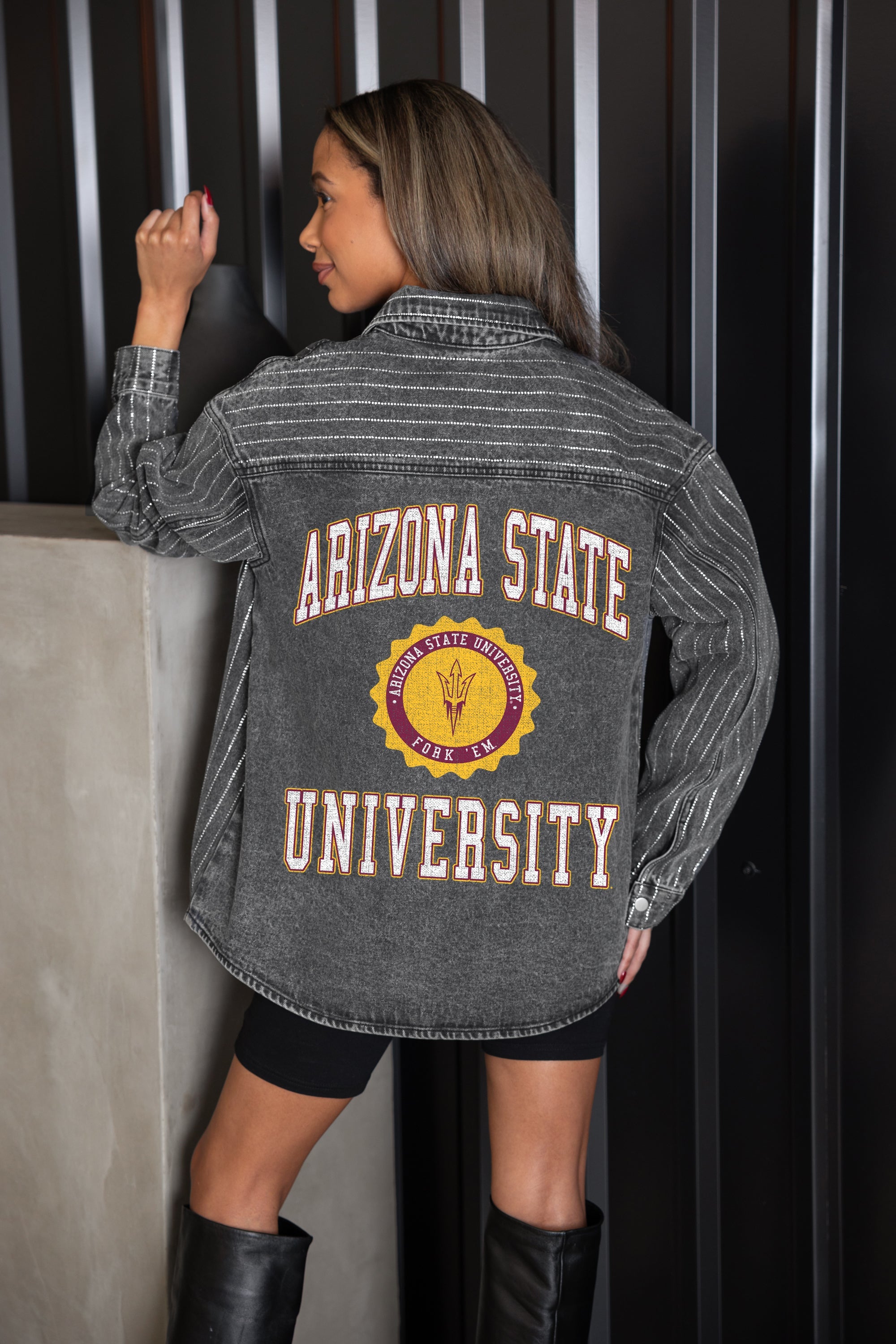 ARIZONA STATE SUN DEVILS STYLES THE LIMIT MICRO-RHINESTONE DENIM OVERSHIRT IN BLACK