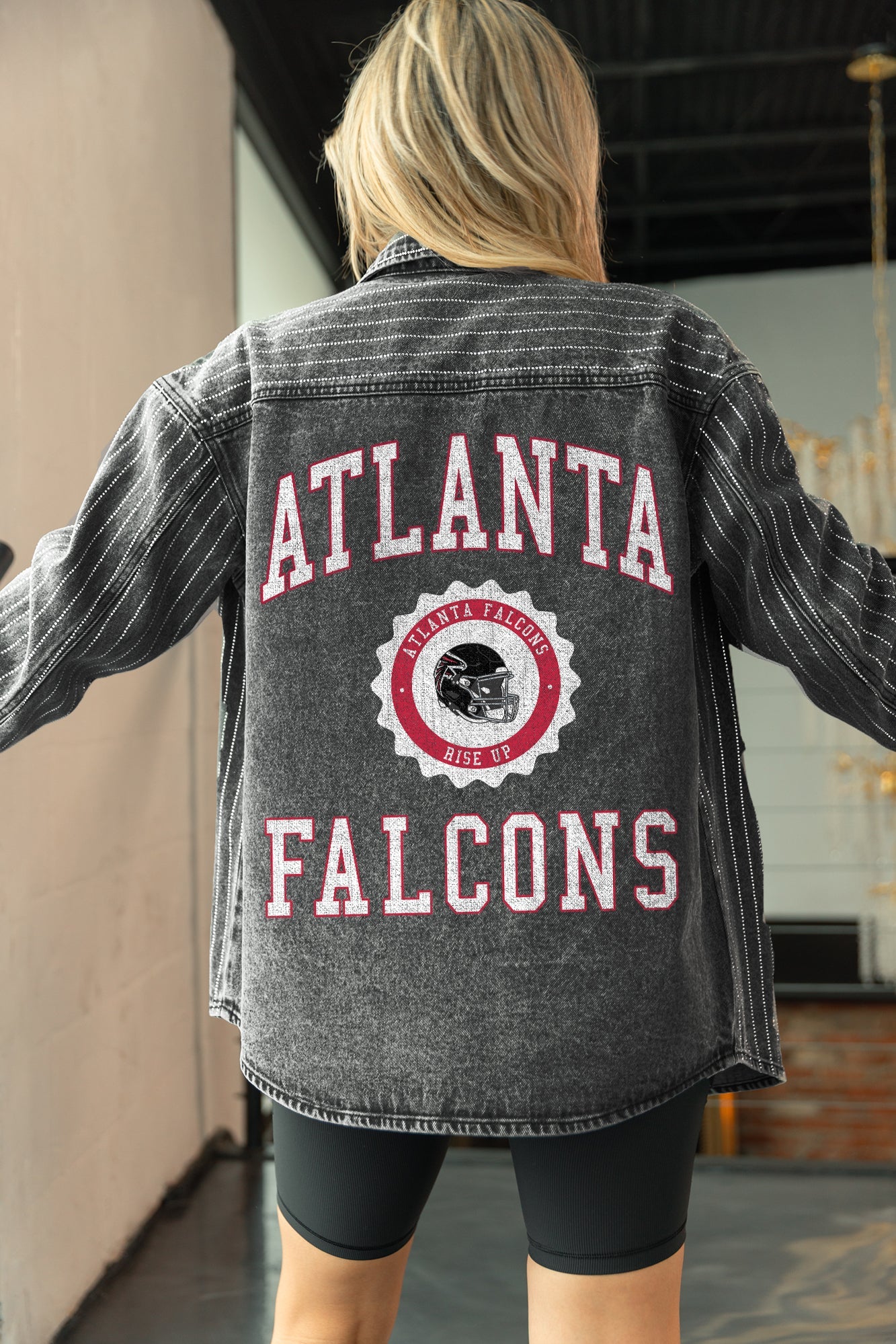 ATLANTA FALCONS STYLES THE LIMIT MICRO-RHINESTONE DENIM OVERSHIRT IN BLACK