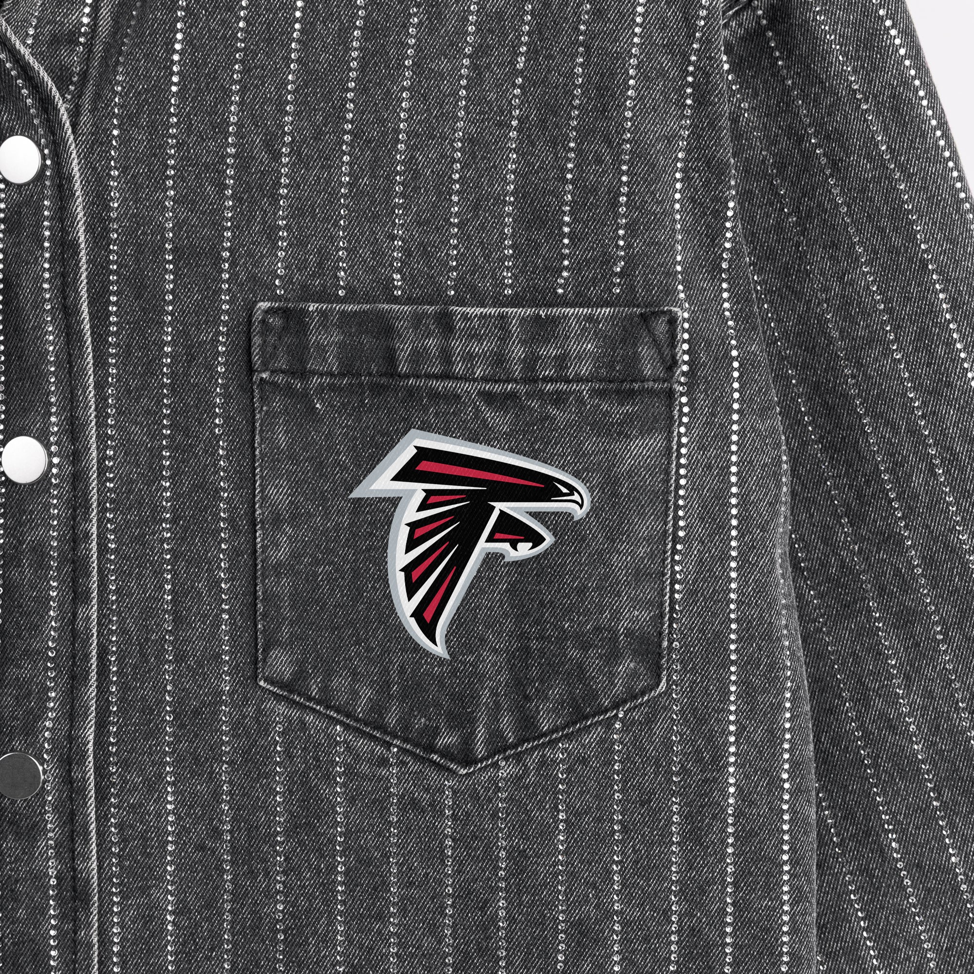 ATLANTA FALCONS STYLES THE LIMIT MICRO-RHINESTONE DENIM OVERSHIRT IN BLACK
