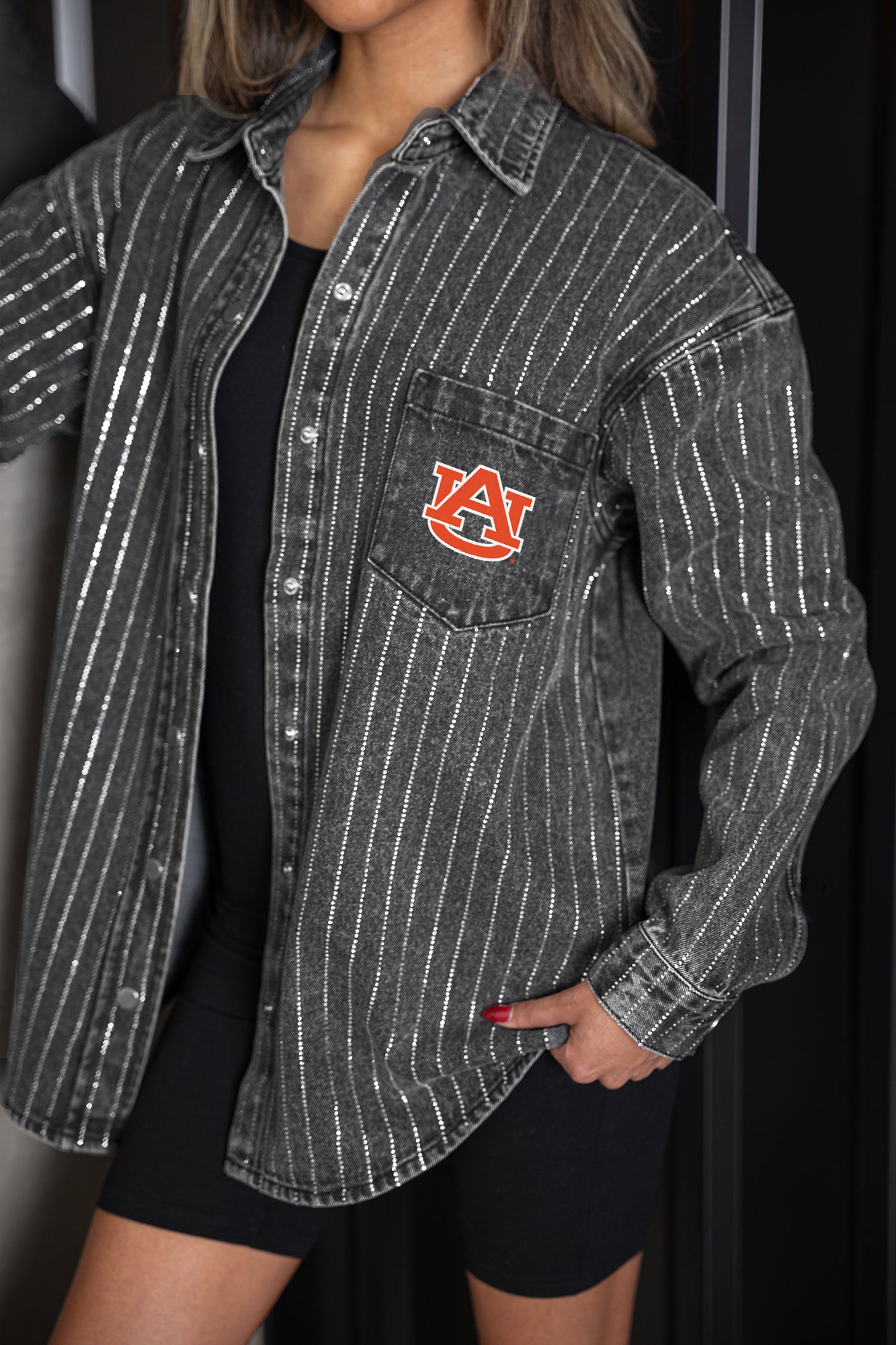 AUBURN TIGERS STYLES THE LIMIT MICRO-RHINESTONE DENIM OVERSHIRT IN BLACK