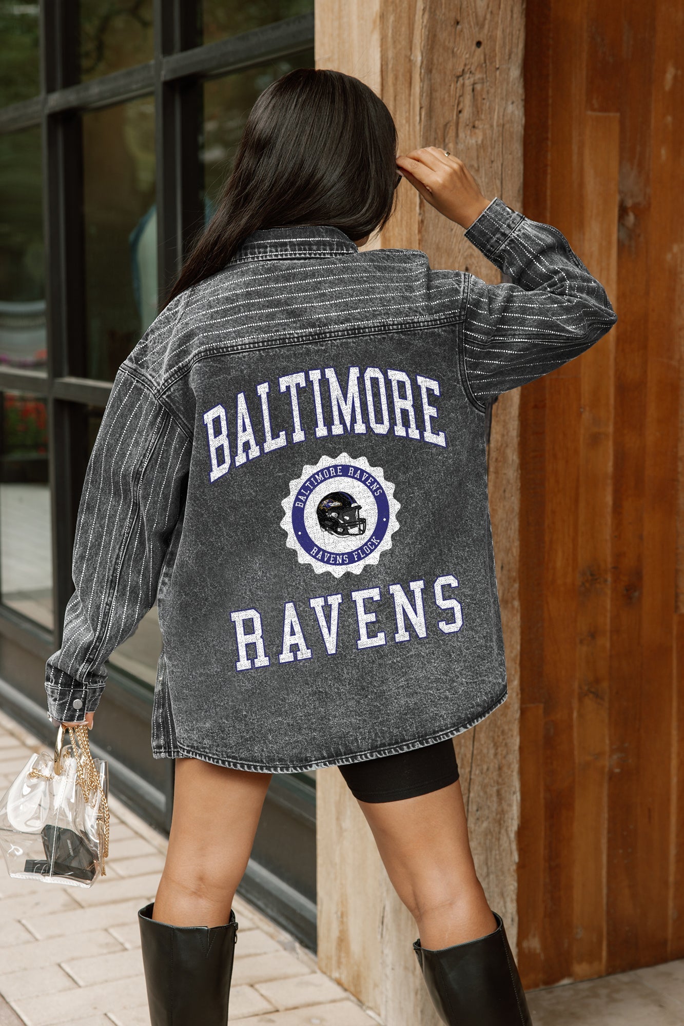 BALTIMORE RAVENS STYLES THE LIMIT MICRO-RHINESTONE DENIM OVERSHIRT IN BLACK