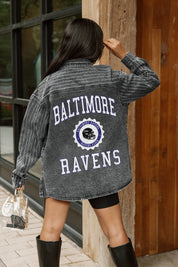 BALTIMORE RAVENS STYLES THE LIMIT MICRO-RHINESTONE DENIM OVERSHIRT IN BLACK