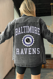 BALTIMORE RAVENS STYLES THE LIMIT MICRO-RHINESTONE DENIM OVERSHIRT IN BLACK