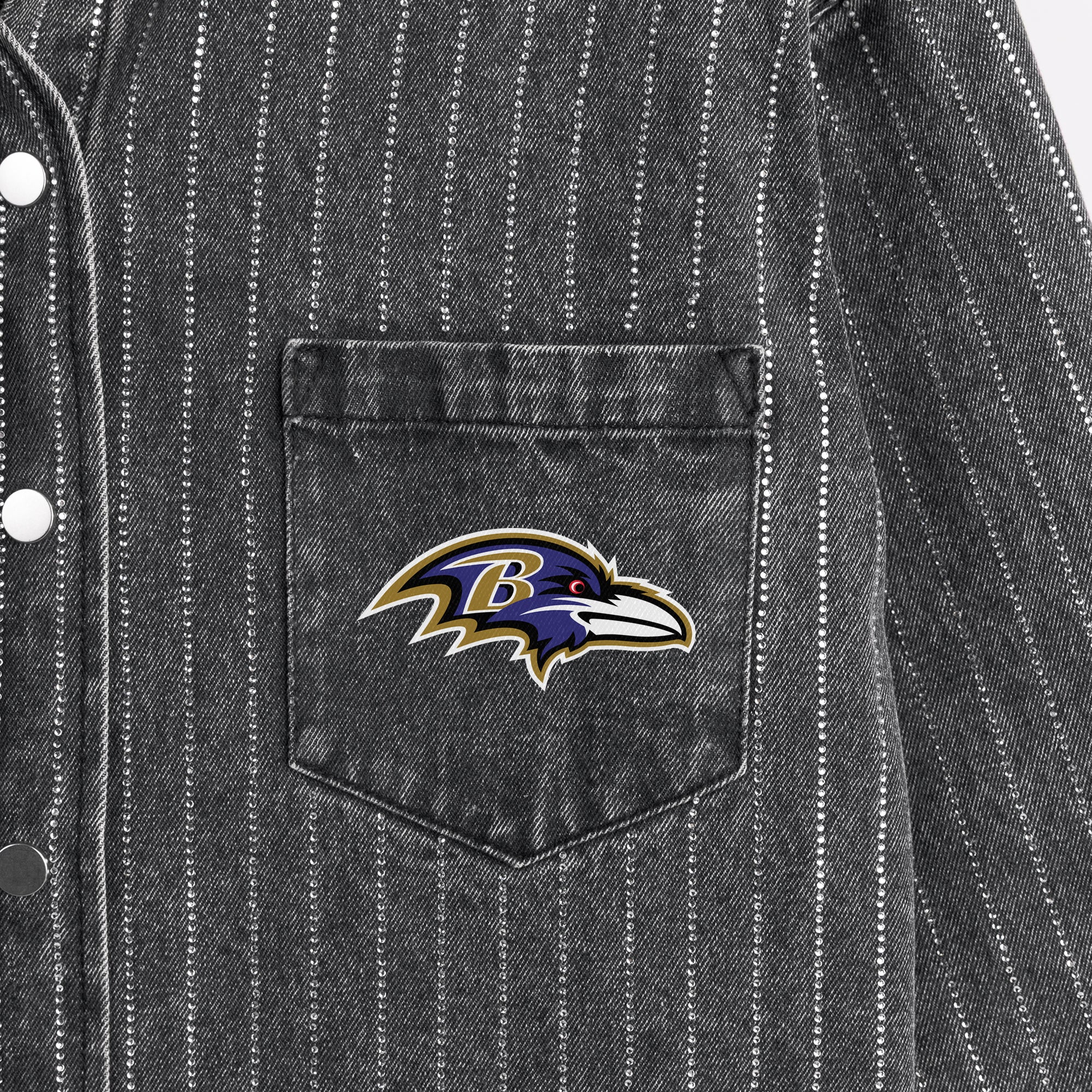 BALTIMORE RAVENS STYLES THE LIMIT MICRO-RHINESTONE DENIM OVERSHIRT IN BLACK
