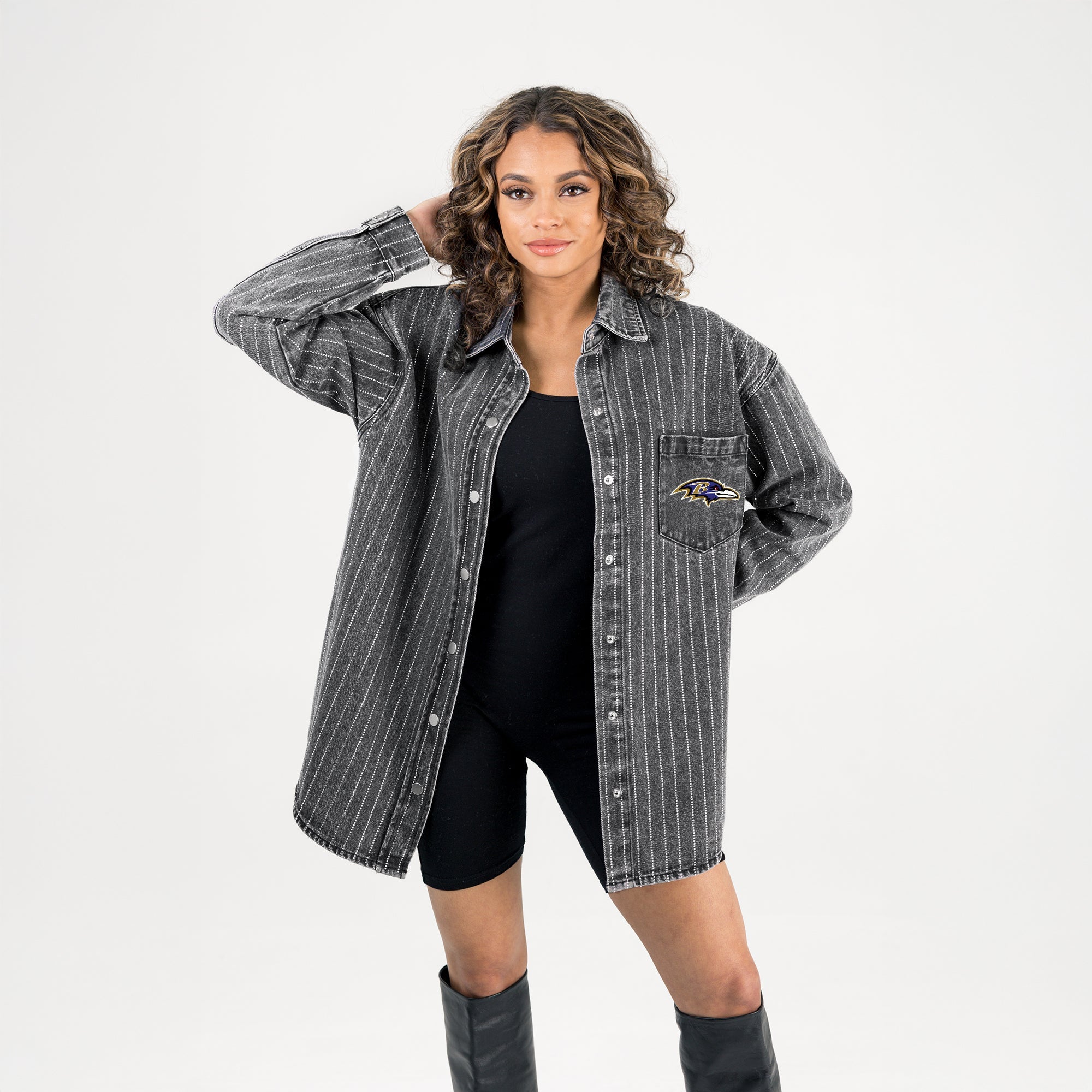 BALTIMORE RAVENS STYLES THE LIMIT MICRO-RHINESTONE DENIM OVERSHIRT IN BLACK