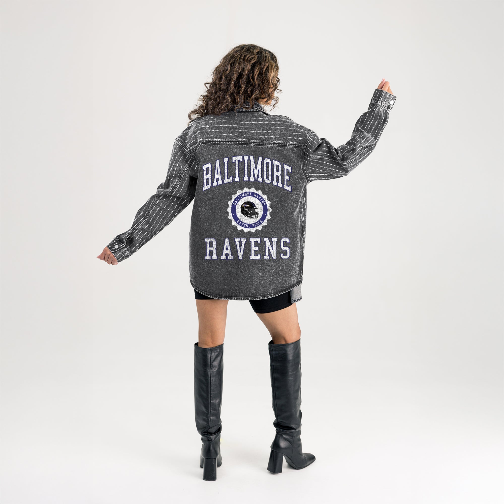 BALTIMORE RAVENS STYLES THE LIMIT MICRO-RHINESTONE DENIM OVERSHIRT IN BLACK