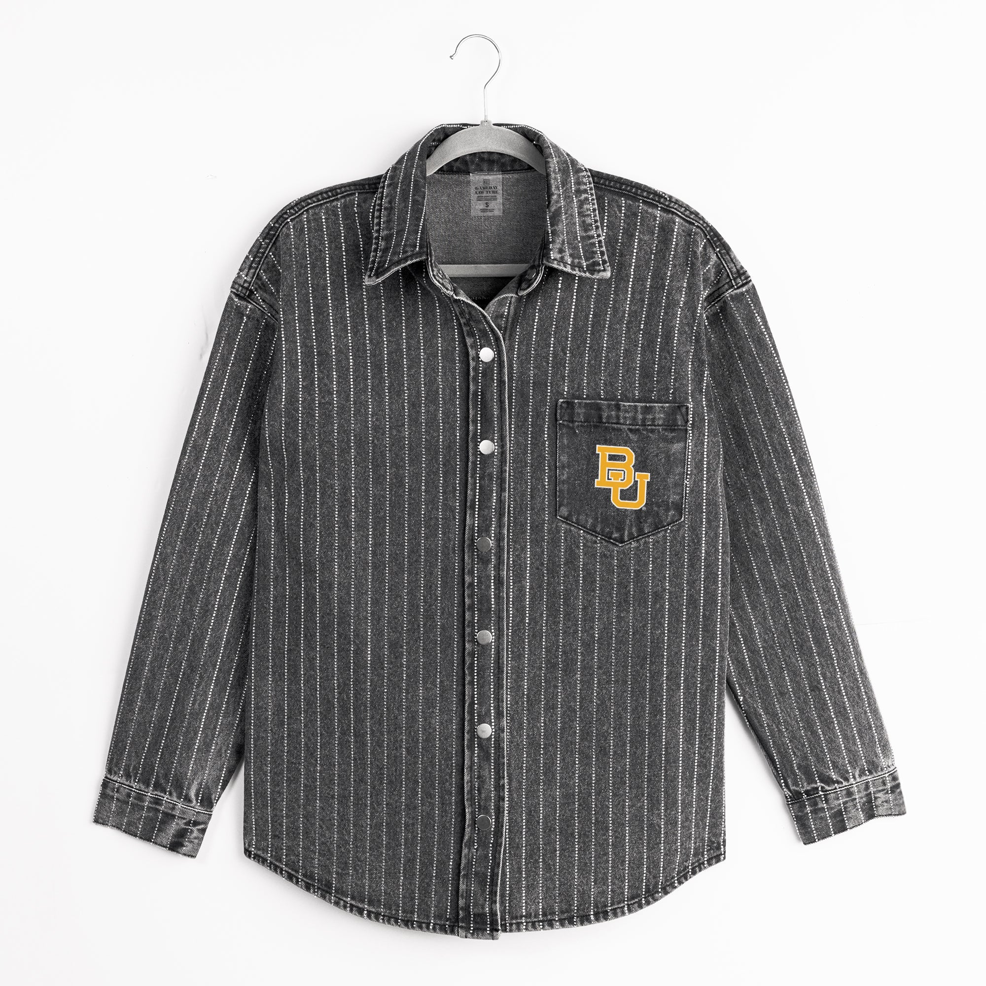 BAYLOR BEARS STYLES THE LIMIT MICRO-RHINESTONE DENIM OVERSHIRT IN BLACK