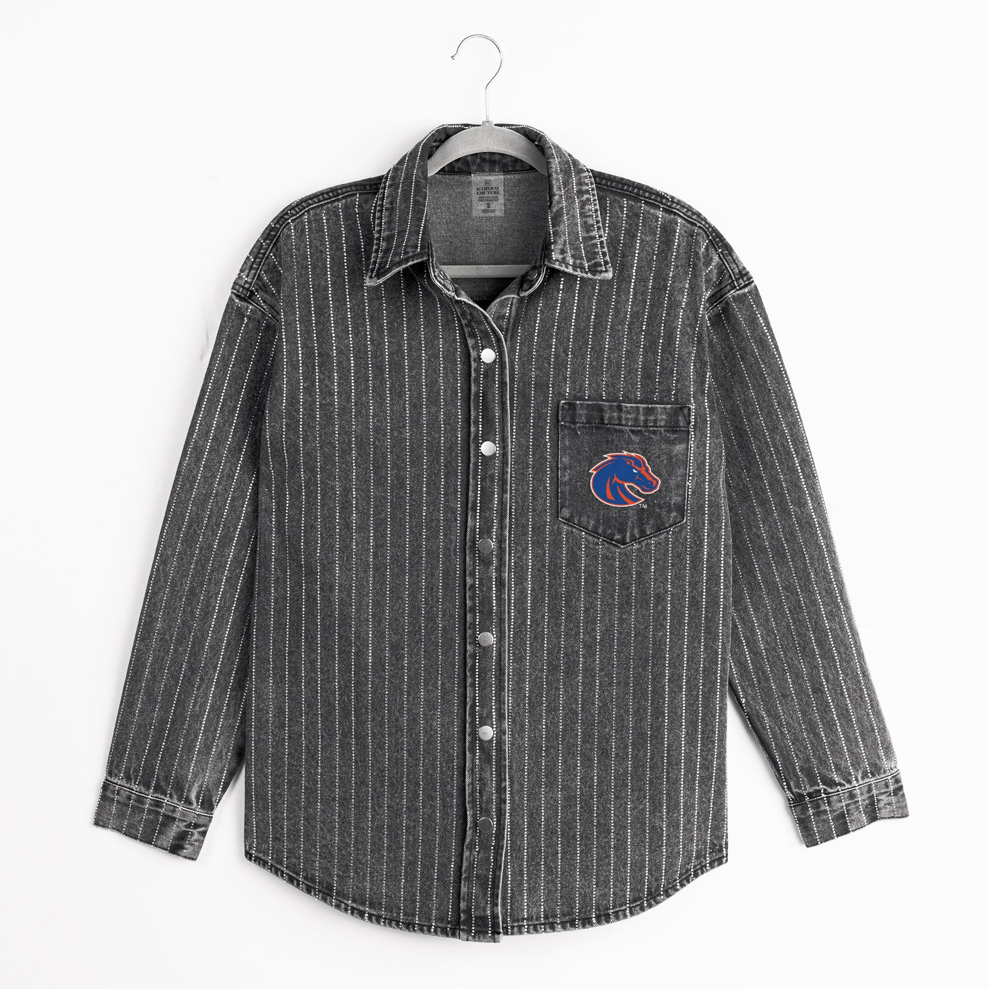 BOISE STATE BRONCOS STYLES THE LIMIT MICRO-RHINESTONE DENIM OVERSHIRT IN BLACK