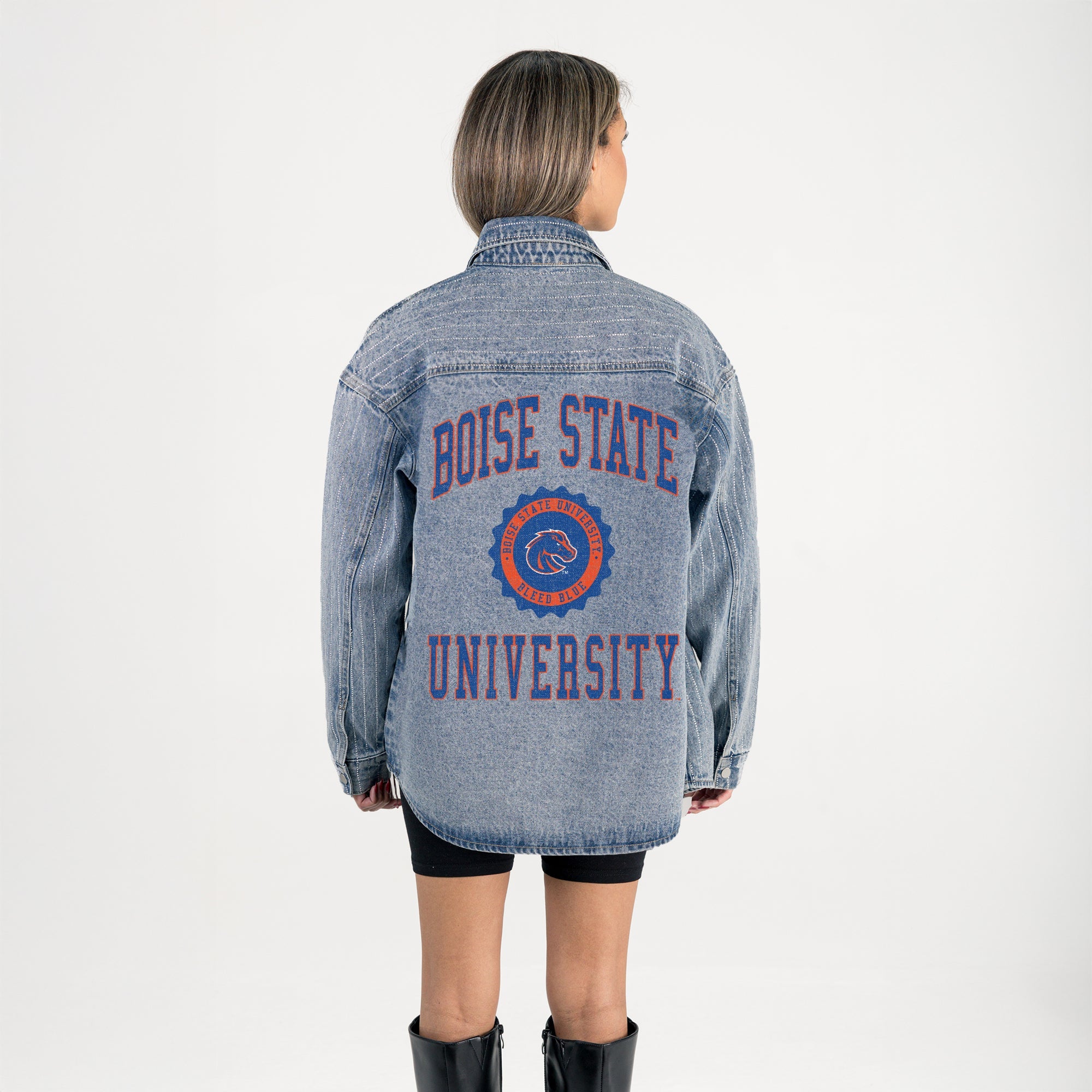 BOISE STATE BRONCOS STYLES THE LIMIT MICRO-RHINESTONE DENIM OVERSHIRT