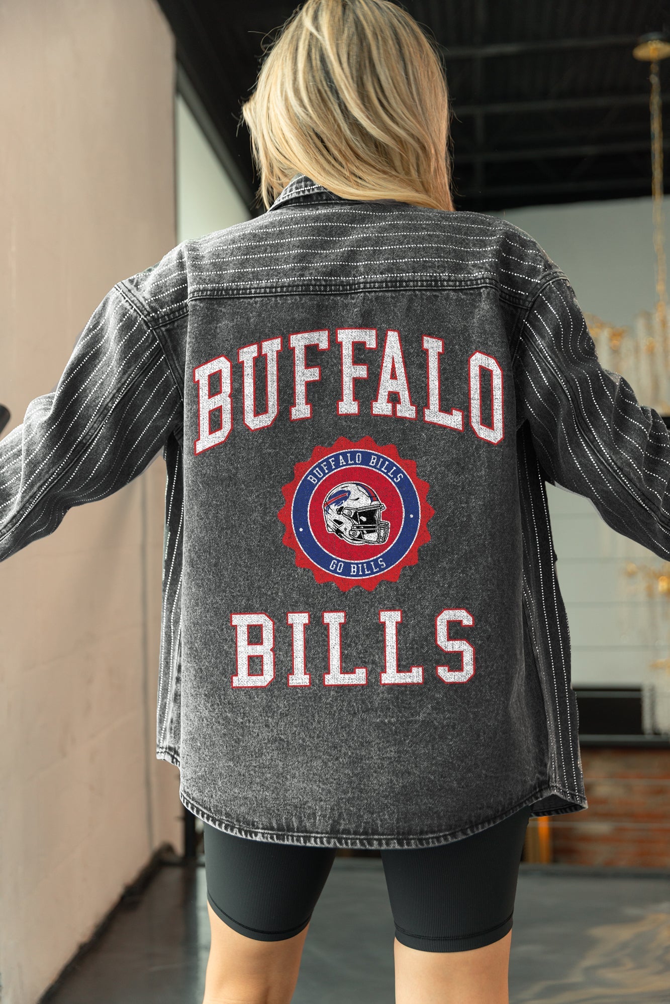BUFFALO BILLS STYLES THE LIMIT MICRO-RHINESTONE DENIM OVERSHIRT IN BLACK