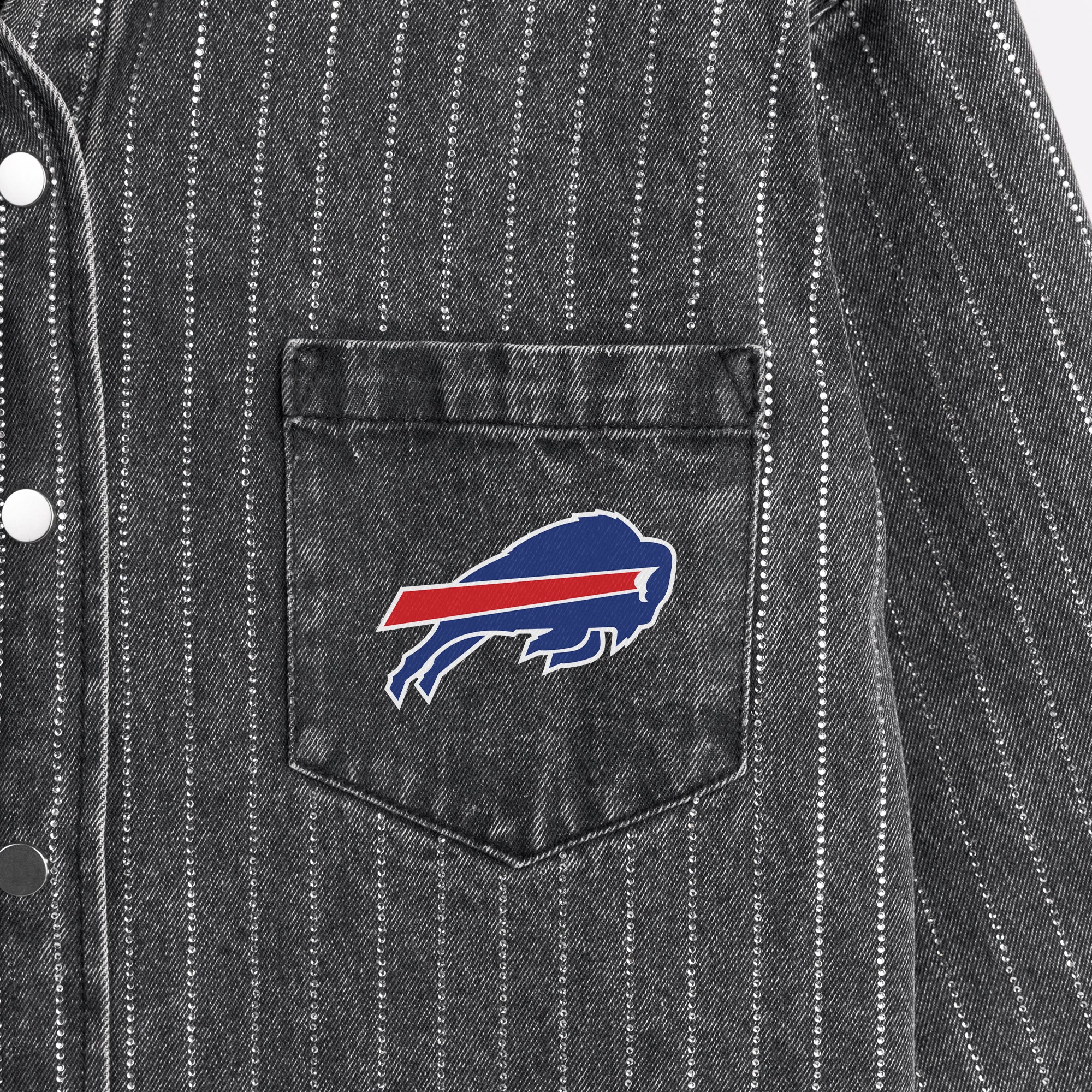 BUFFALO BILLS STYLES THE LIMIT MICRO-RHINESTONE DENIM OVERSHIRT IN BLACK