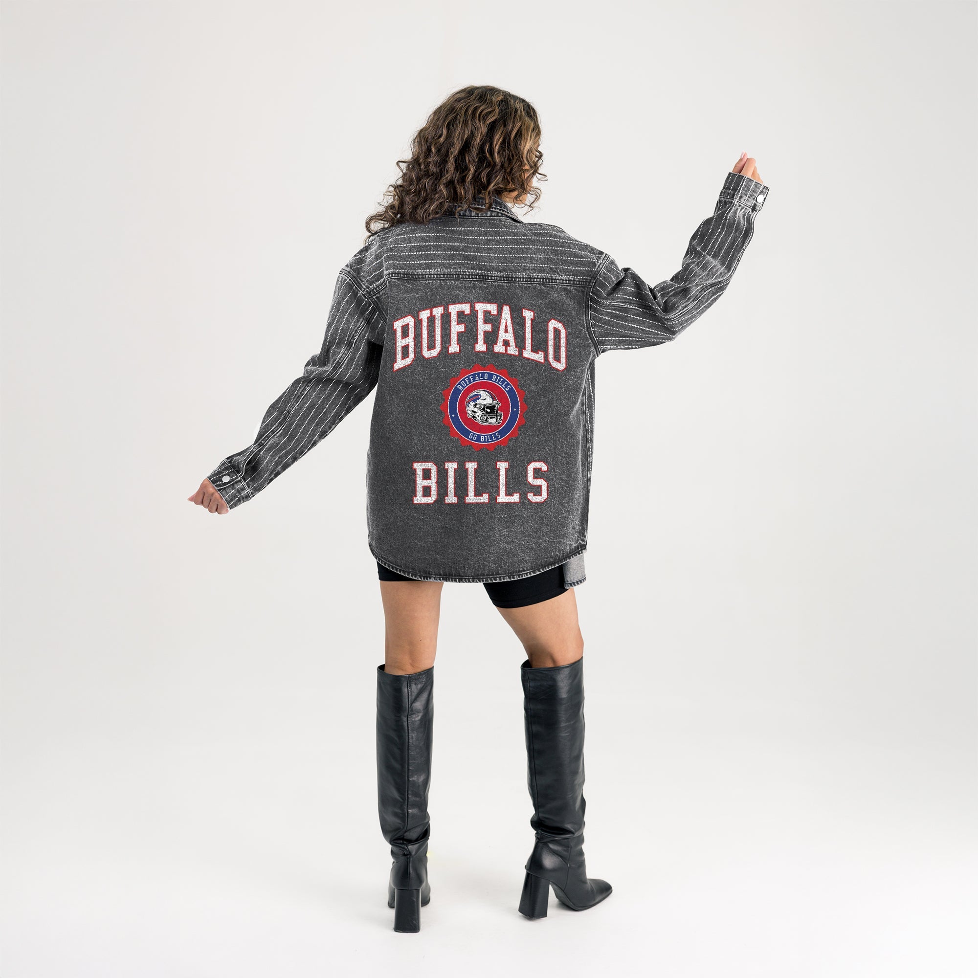 BUFFALO BILLS STYLES THE LIMIT MICRO-RHINESTONE DENIM OVERSHIRT IN BLACK