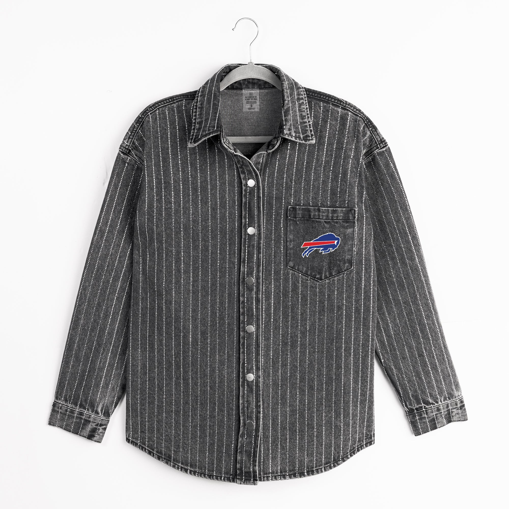 BUFFALO BILLS STYLES THE LIMIT MICRO-RHINESTONE DENIM OVERSHIRT IN BLACK