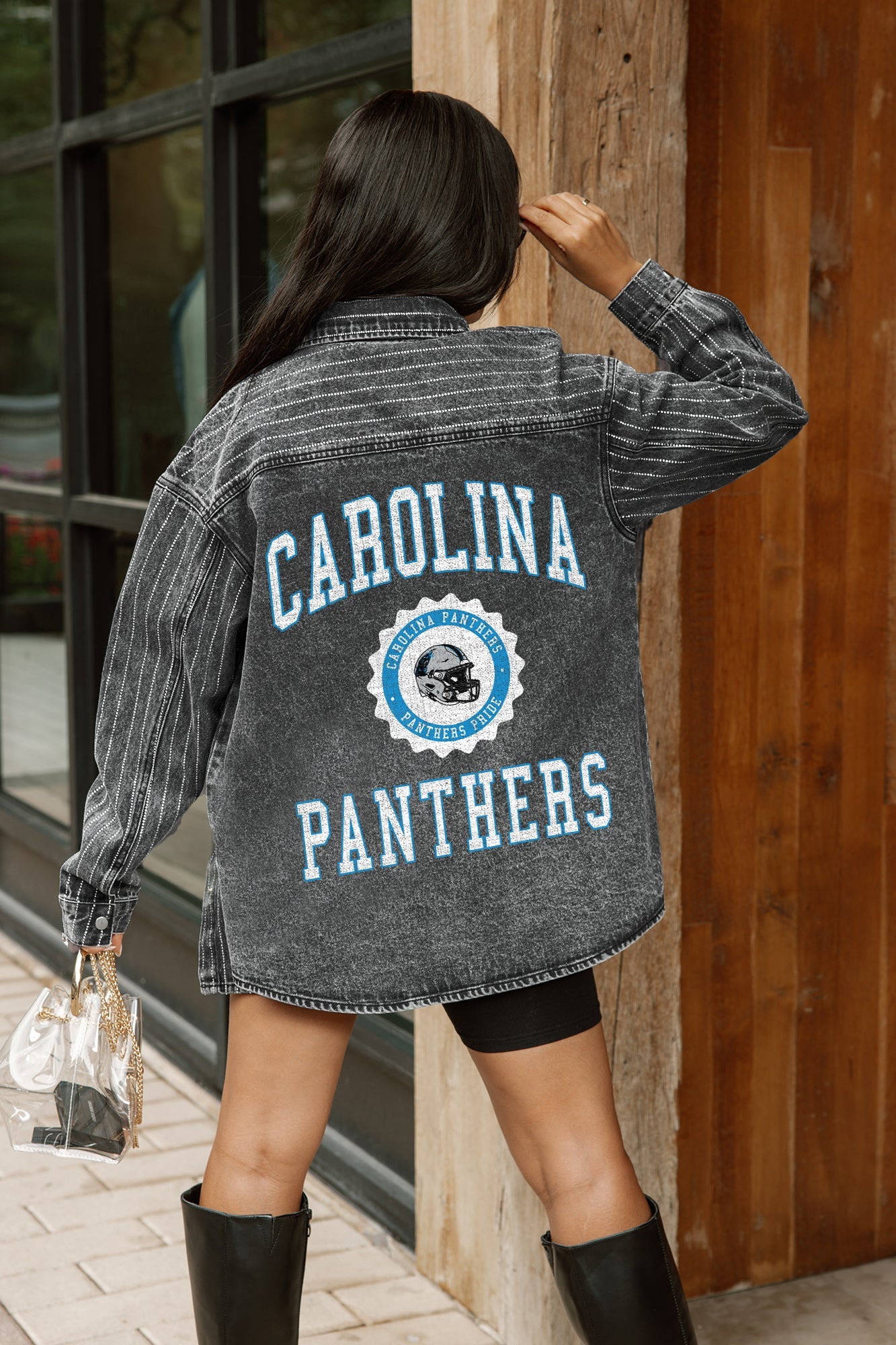 CAROLINA PANTHERS STYLES THE LIMIT MICRO-RHINESTONE DENIM OVERSHIRT IN BLACK