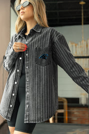 CAROLINA PANTHERS STYLES THE LIMIT MICRO-RHINESTONE DENIM OVERSHIRT IN BLACK