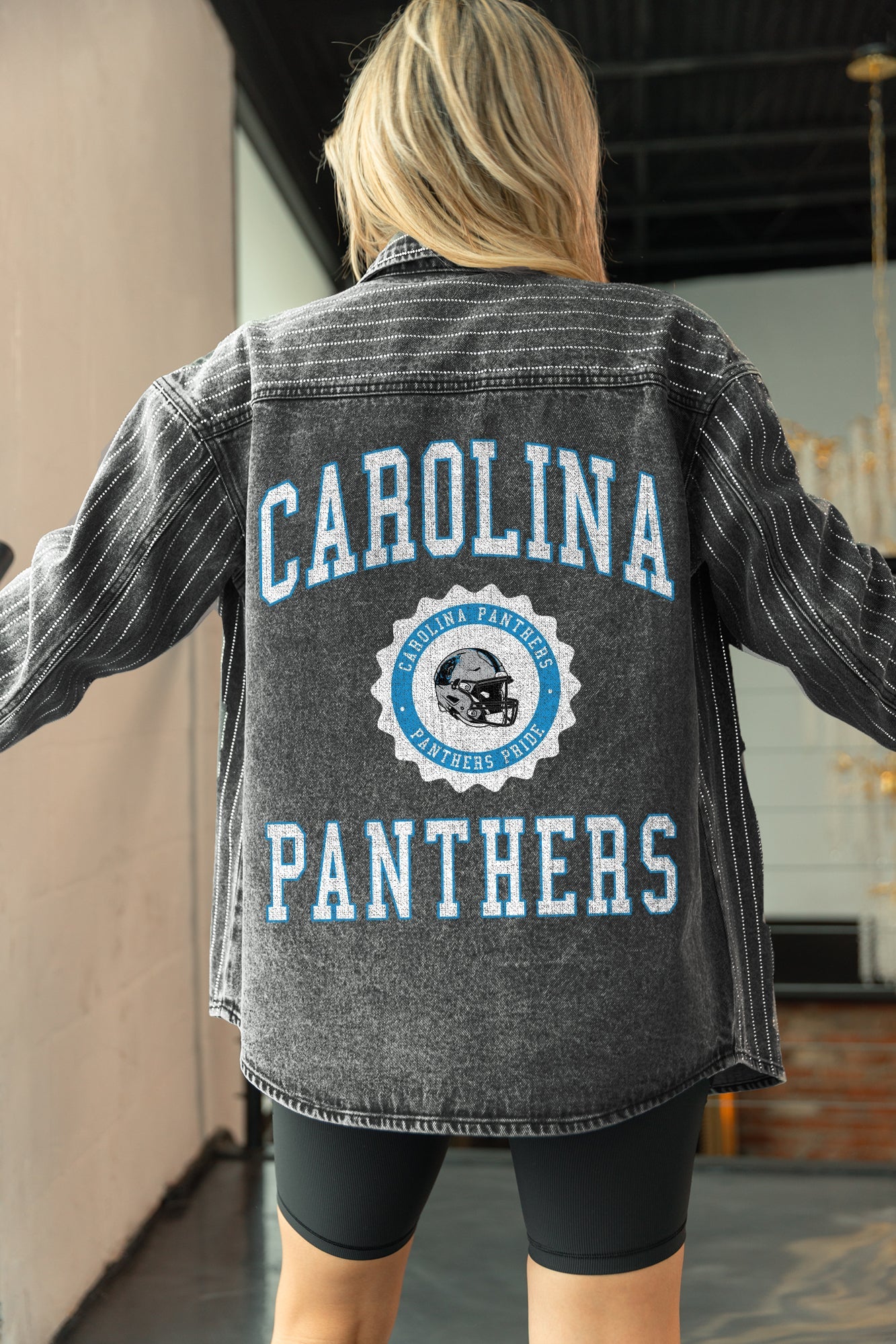 CAROLINA PANTHERS STYLES THE LIMIT MICRO-RHINESTONE DENIM OVERSHIRT IN BLACK