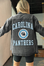 CAROLINA PANTHERS STYLES THE LIMIT MICRO-RHINESTONE DENIM OVERSHIRT IN BLACK