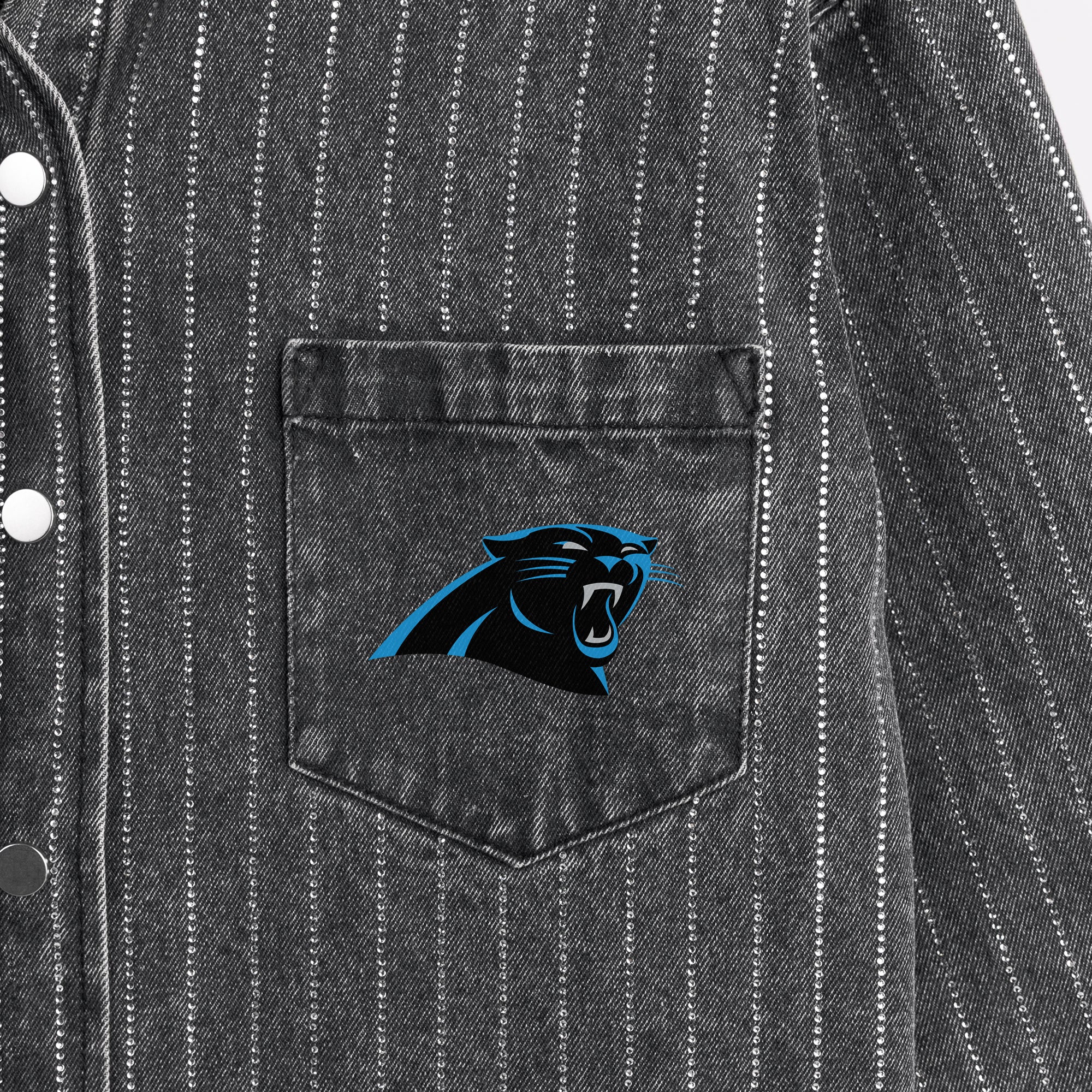 CAROLINA PANTHERS STYLES THE LIMIT MICRO-RHINESTONE DENIM OVERSHIRT IN BLACK