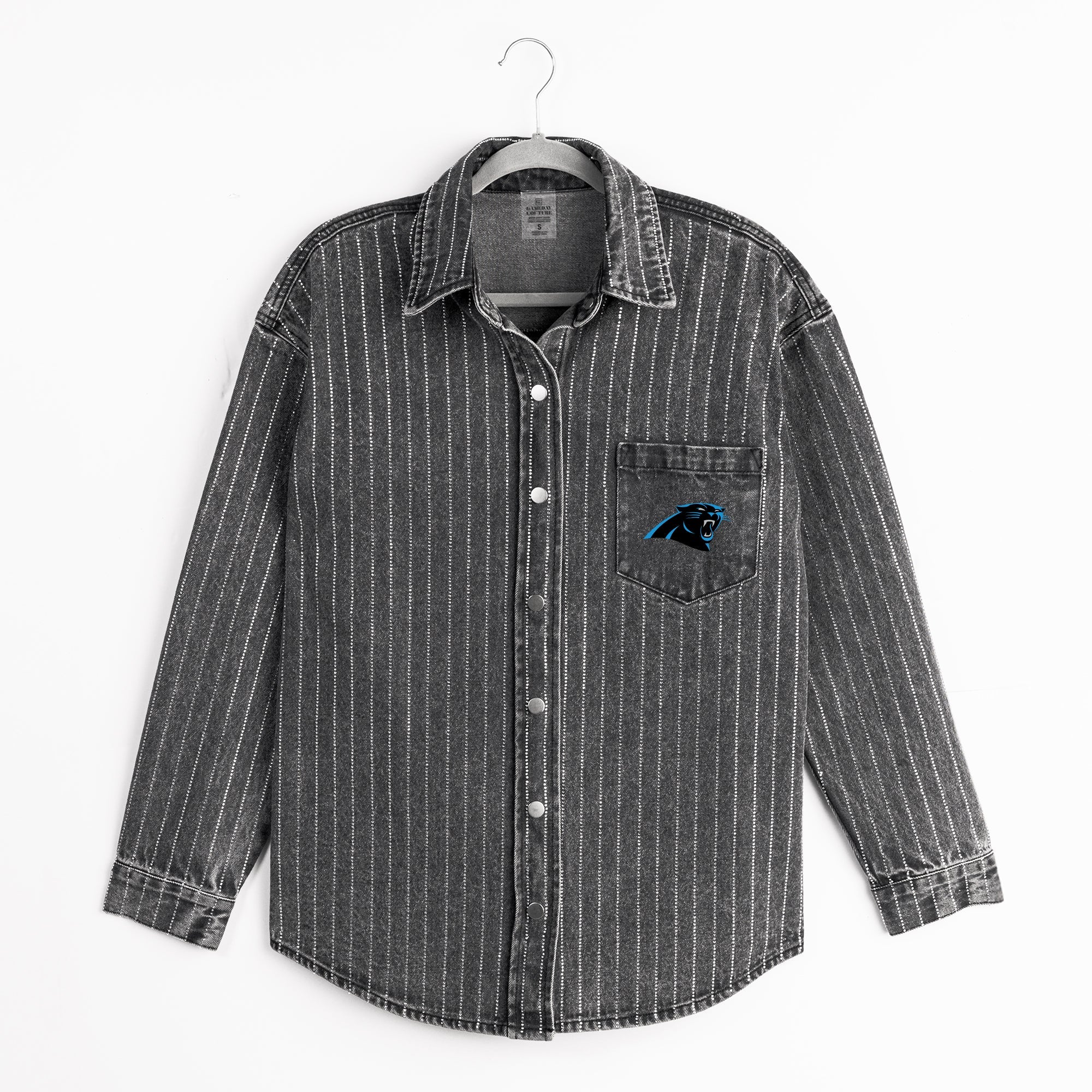 CAROLINA PANTHERS STYLES THE LIMIT MICRO-RHINESTONE DENIM OVERSHIRT IN BLACK