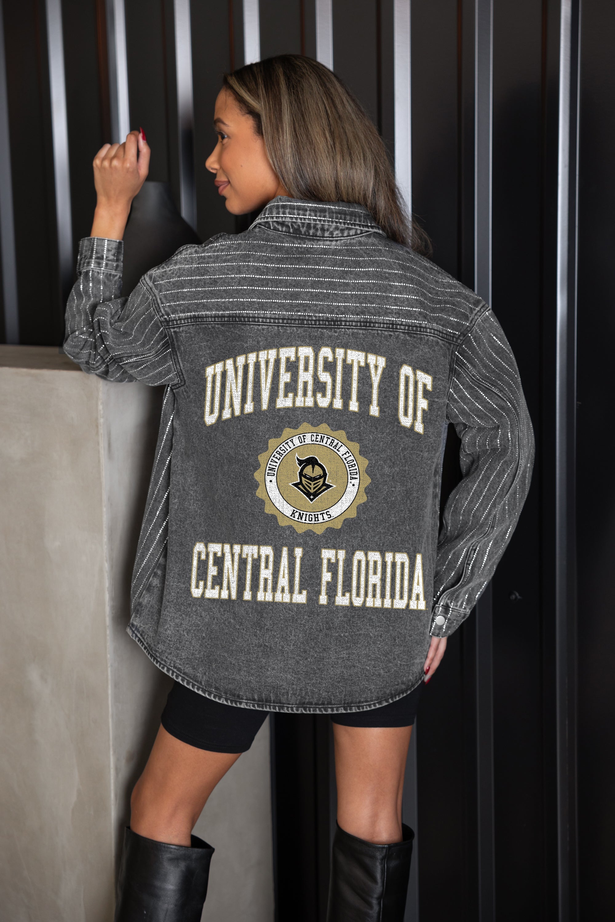 CENTRAL FLORIDA KNIGHTS STYLES THE LIMIT MICRO-RHINESTONE DENIM OVERSHIRT IN BLACK