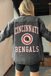 CINCINNATI BENGALS STYLES THE LIMIT MICRO-RHINESTONE DENIM OVERSHIRT IN BLACK
