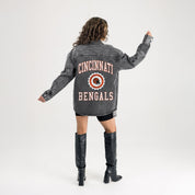 CINCINNATI BENGALS STYLES THE LIMIT MICRO-RHINESTONE DENIM OVERSHIRT IN BLACK