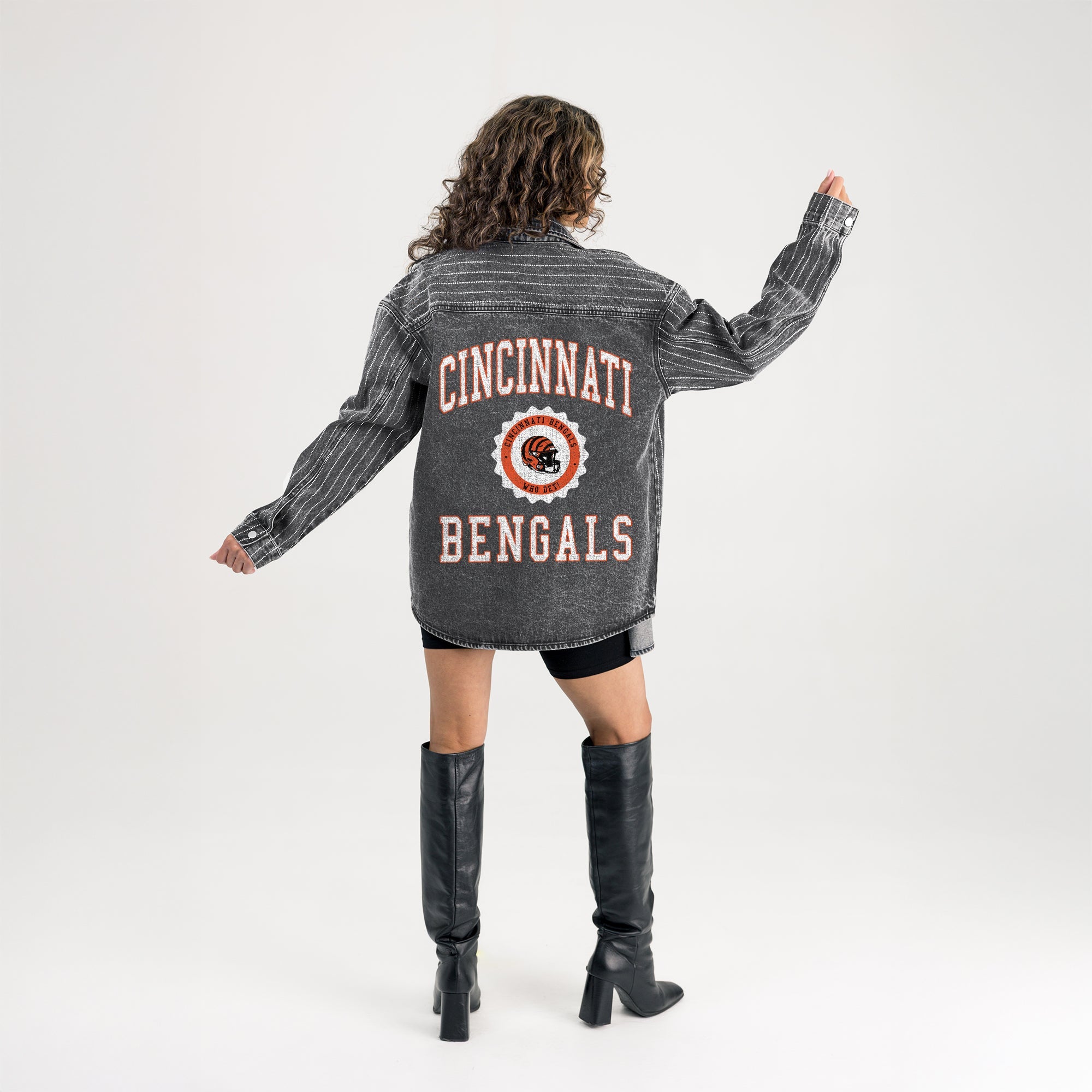 CINCINNATI BENGALS STYLES THE LIMIT MICRO-RHINESTONE DENIM OVERSHIRT IN BLACK
