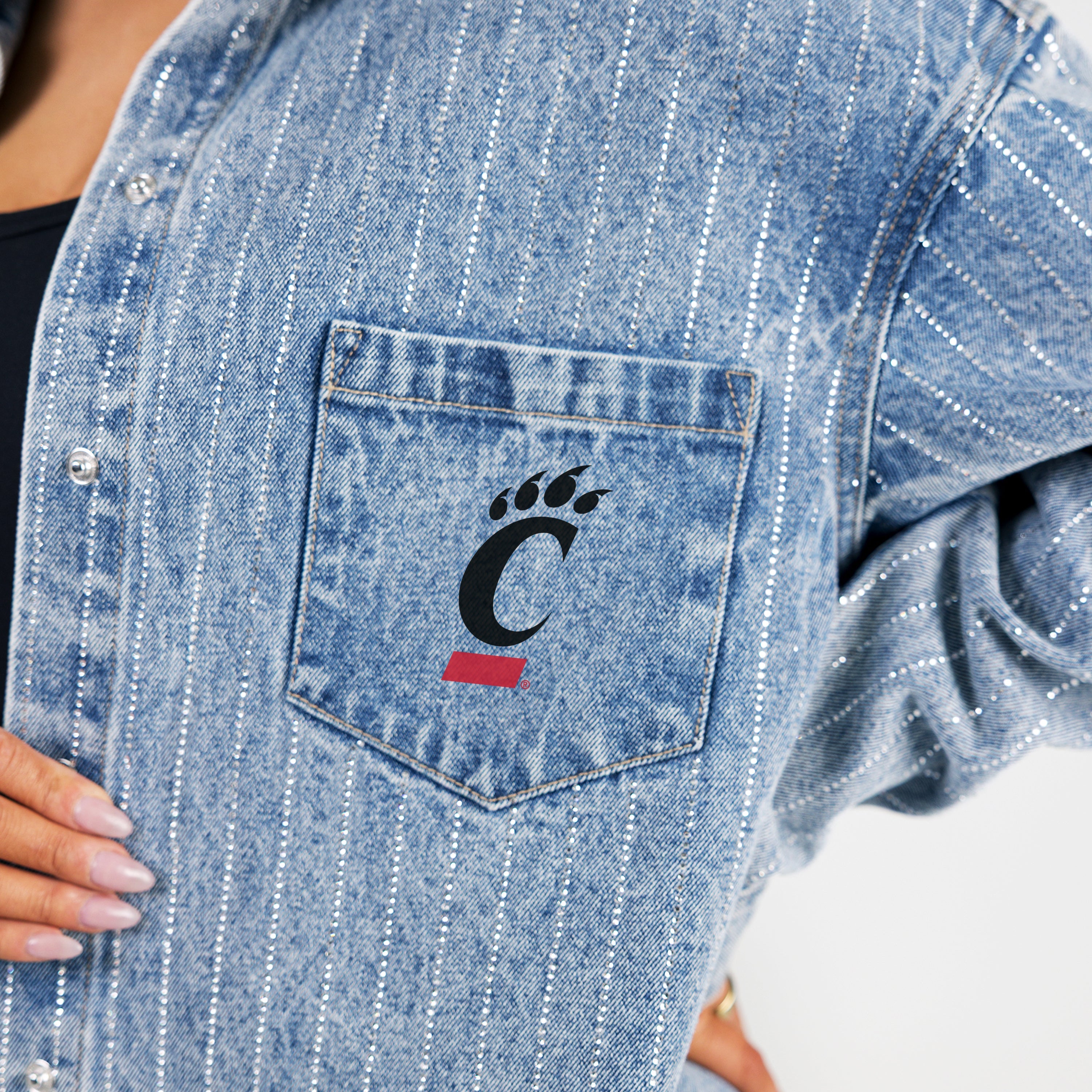 CINCINNATI BEARCATS STYLES THE LIMIT MICRO-RHINESTONE DENIM OVERSHIRT