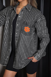 CLEMSON TIGERS STYLES THE LIMIT MICRO-RHINESTONE DENIM OVERSHIRT IN BLACK