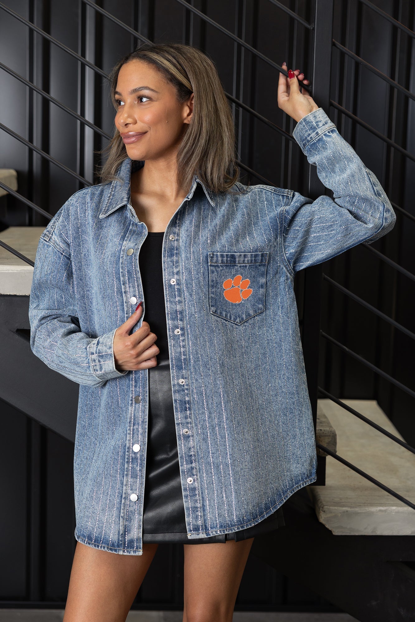CLEMSON TIGERS STYLES THE LIMIT MICRO-RHINESTONE DENIM OVERSHIRT