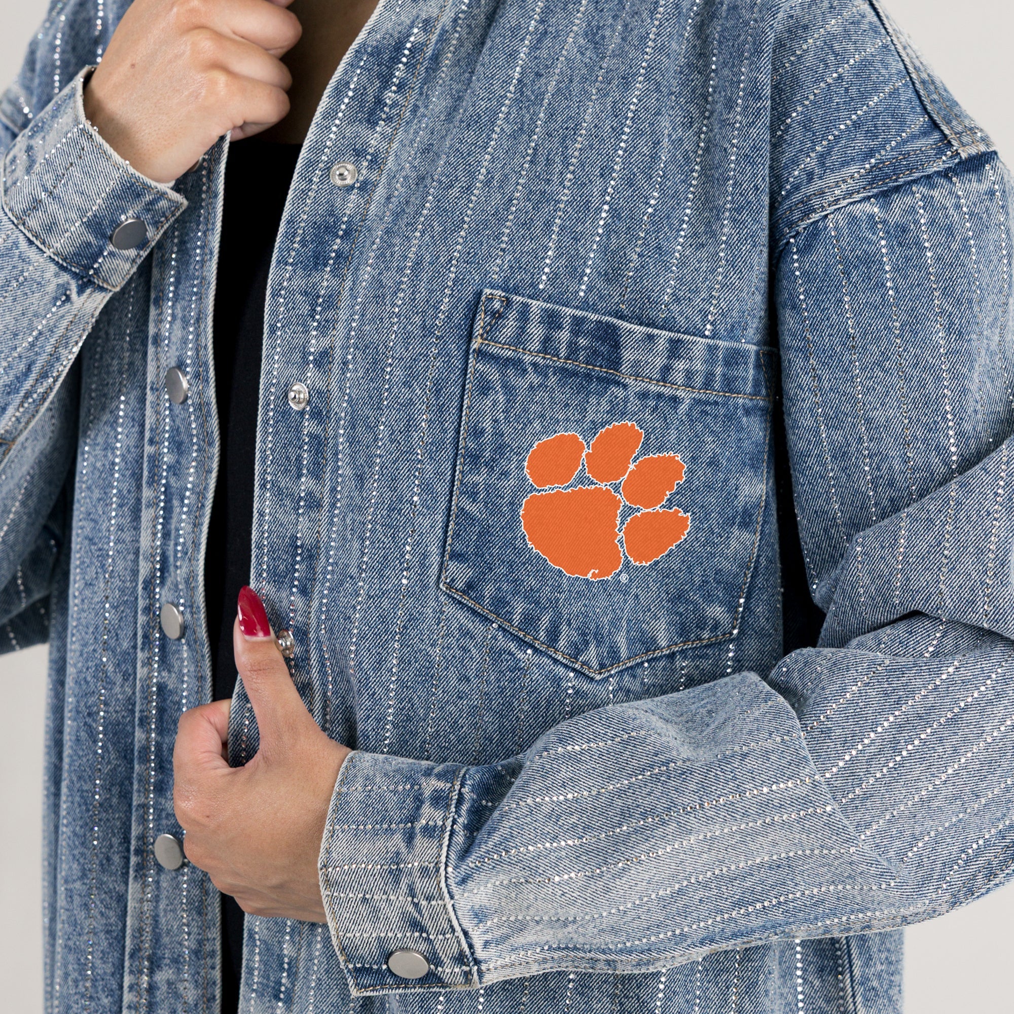 CLEMSON TIGERS STYLES THE LIMIT MICRO-RHINESTONE DENIM OVERSHIRT