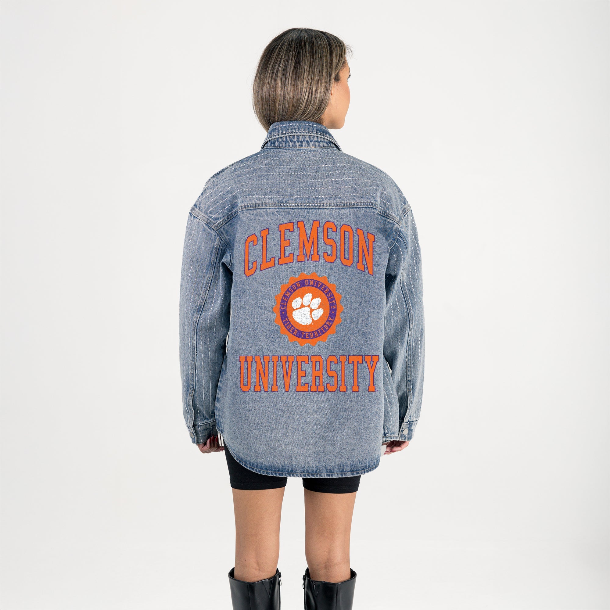 CLEMSON TIGERS STYLES THE LIMIT MICRO-RHINESTONE DENIM OVERSHIRT