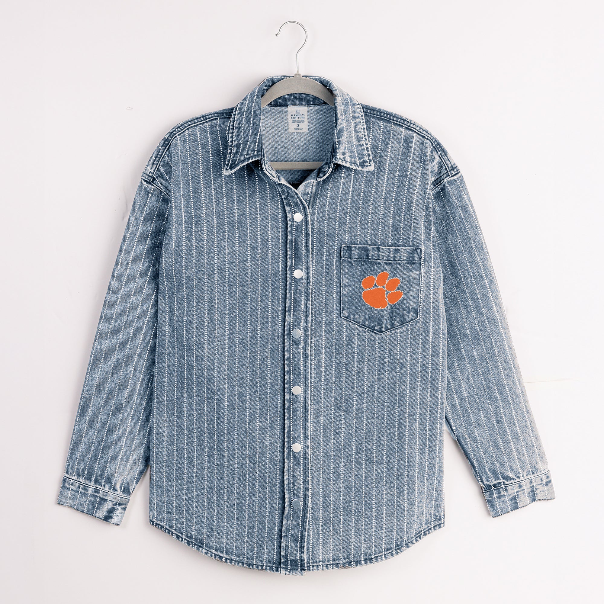 CLEMSON TIGERS STYLES THE LIMIT MICRO-RHINESTONE DENIM OVERSHIRT