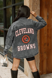 CLEVELAND BROWNS STYLES THE LIMIT MICRO-RHINESTONE DENIM OVERSHIRT IN BLACK