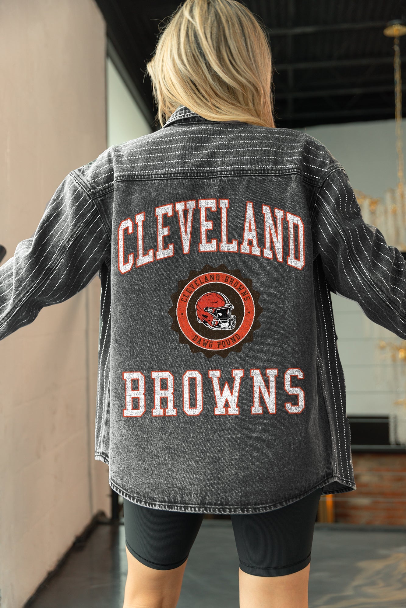 CLEVELAND BROWNS STYLES THE LIMIT MICRO-RHINESTONE DENIM OVERSHIRT IN BLACK