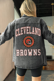 CLEVELAND BROWNS STYLES THE LIMIT MICRO-RHINESTONE DENIM OVERSHIRT IN BLACK