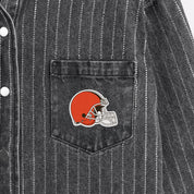 CLEVELAND BROWNS STYLES THE LIMIT MICRO-RHINESTONE DENIM OVERSHIRT IN BLACK