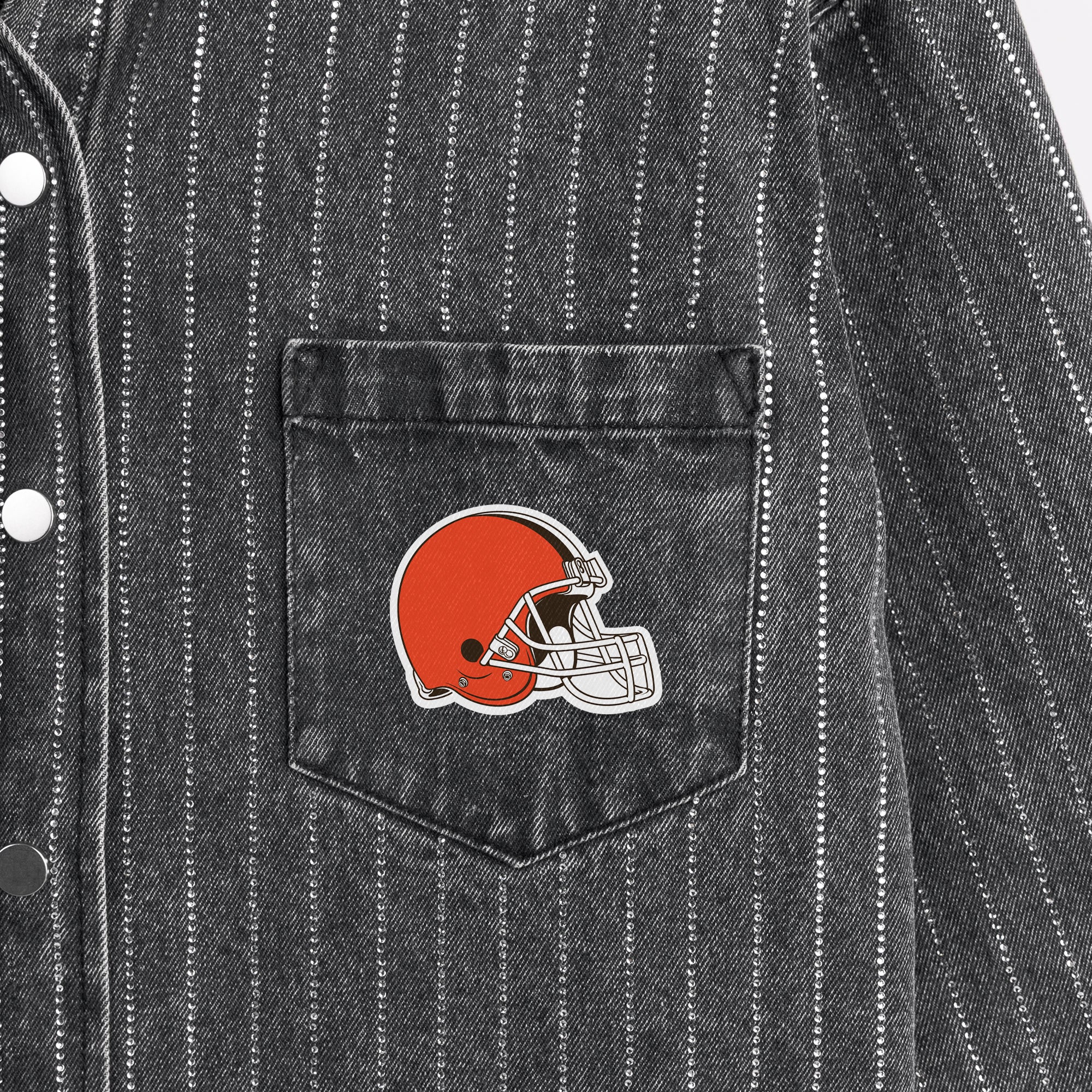 CLEVELAND BROWNS STYLES THE LIMIT MICRO-RHINESTONE DENIM OVERSHIRT IN BLACK