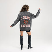 CLEVELAND BROWNS STYLES THE LIMIT MICRO-RHINESTONE DENIM OVERSHIRT IN BLACK