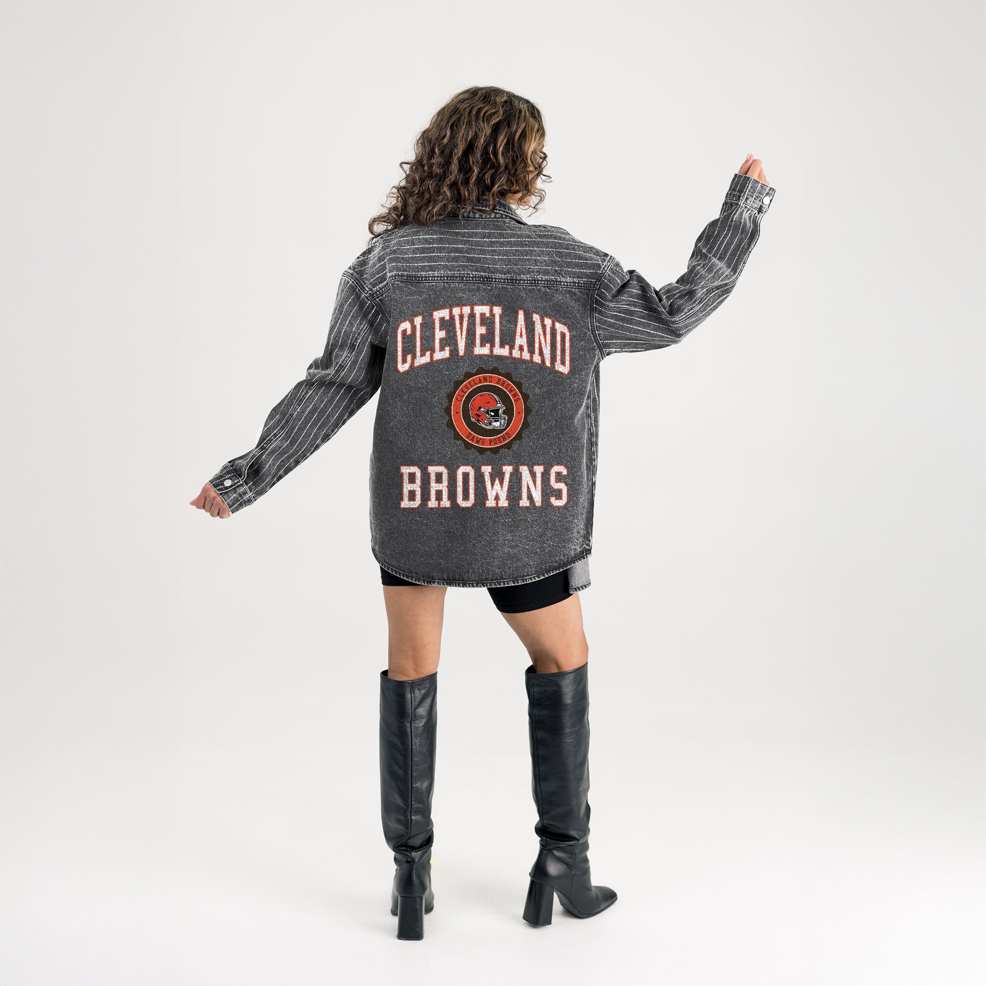 CLEVELAND BROWNS STYLES THE LIMIT MICRO-RHINESTONE DENIM OVERSHIRT IN BLACK
