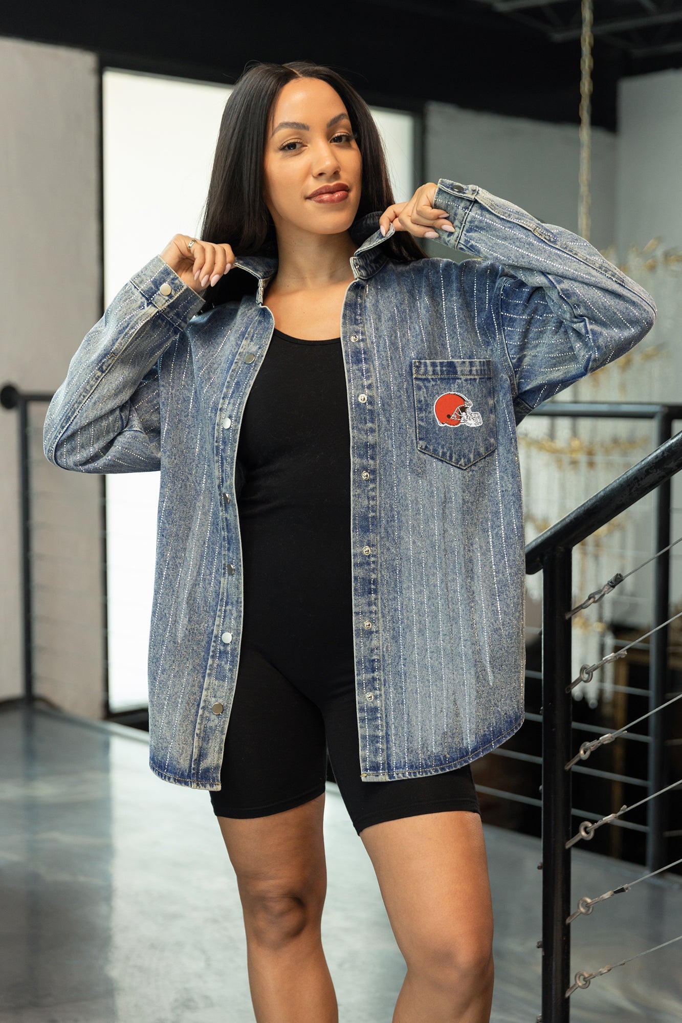 CLEVELAND BROWNS STYLES THE LIMIT MICRO-RHINESTONE DENIM OVERSHIRT