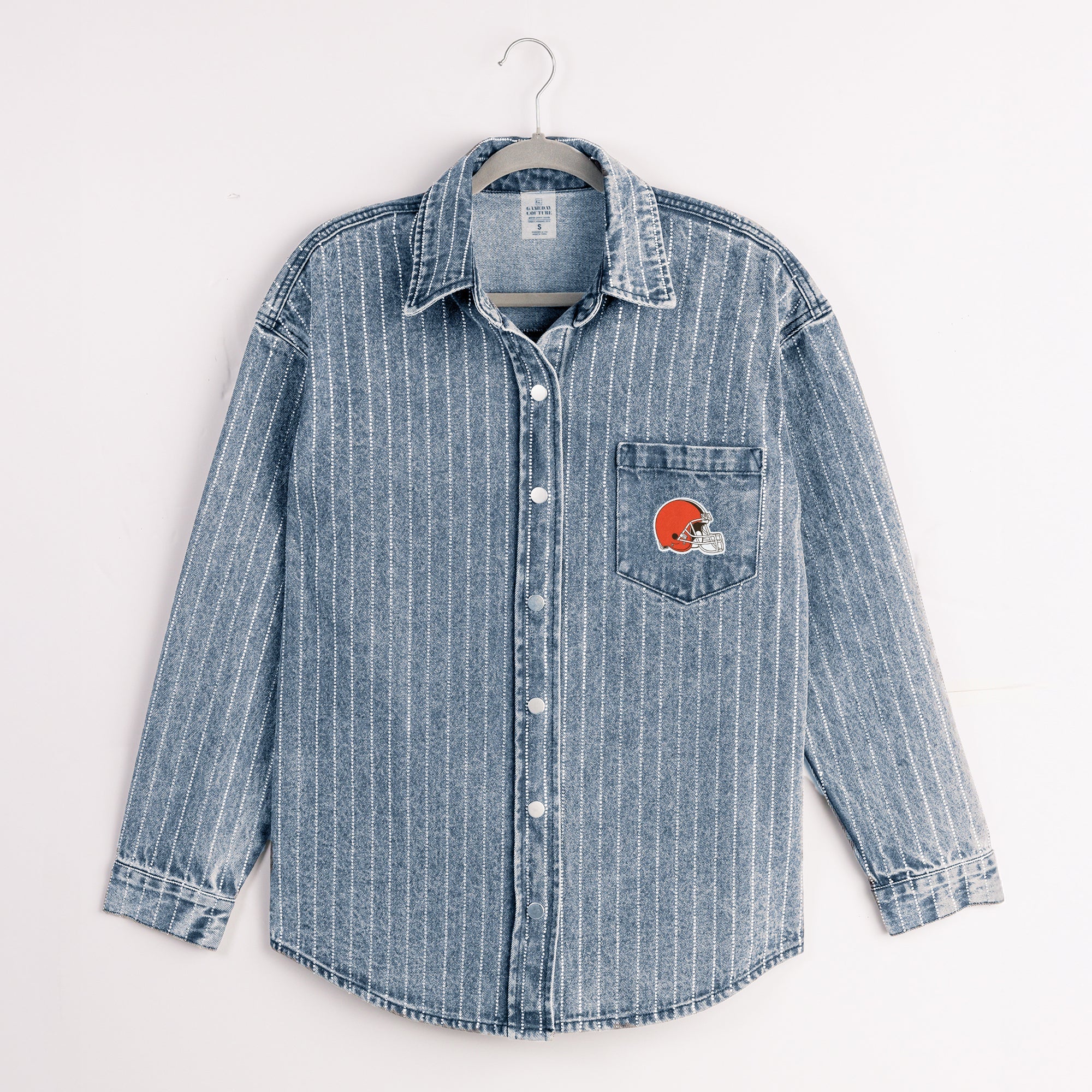CLEVELAND BROWNS STYLES THE LIMIT MICRO-RHINESTONE DENIM OVERSHIRT