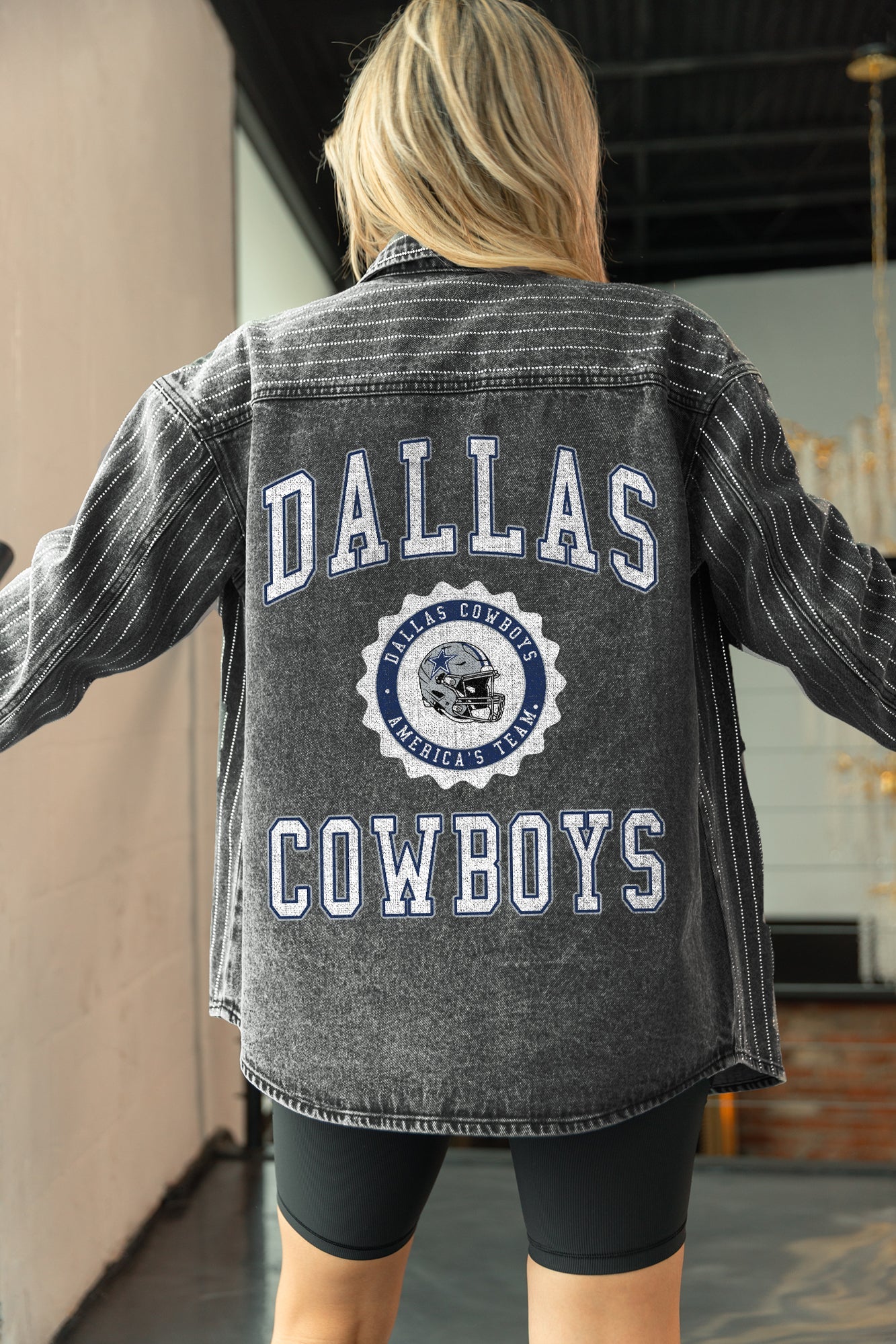 DALLAS COWBOYS STYLES THE LIMIT MICRO-RHINESTONE DENIM OVERSHIRT IN BLACK