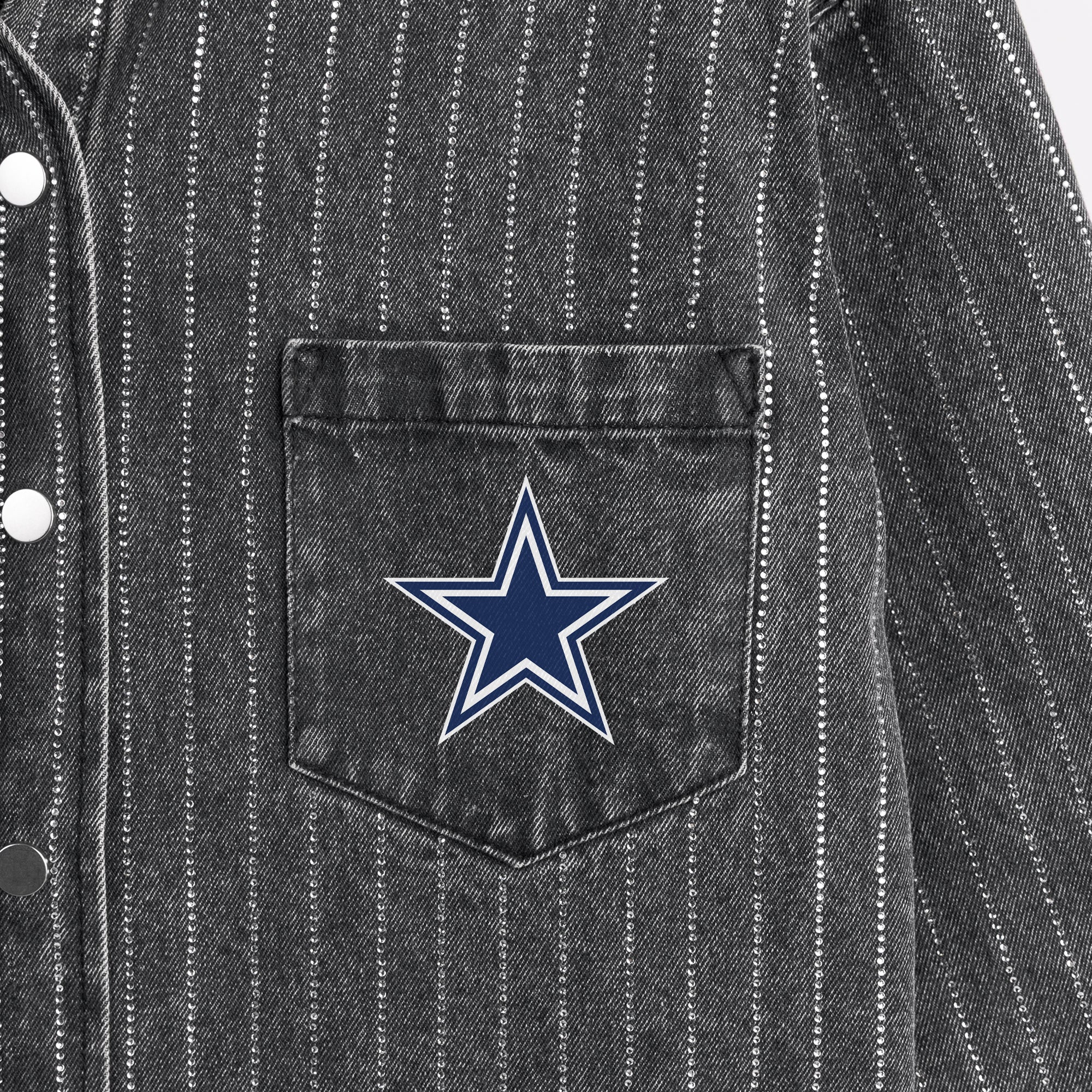 DALLAS COWBOYS STYLES THE LIMIT MICRO-RHINESTONE DENIM OVERSHIRT IN BLACK
