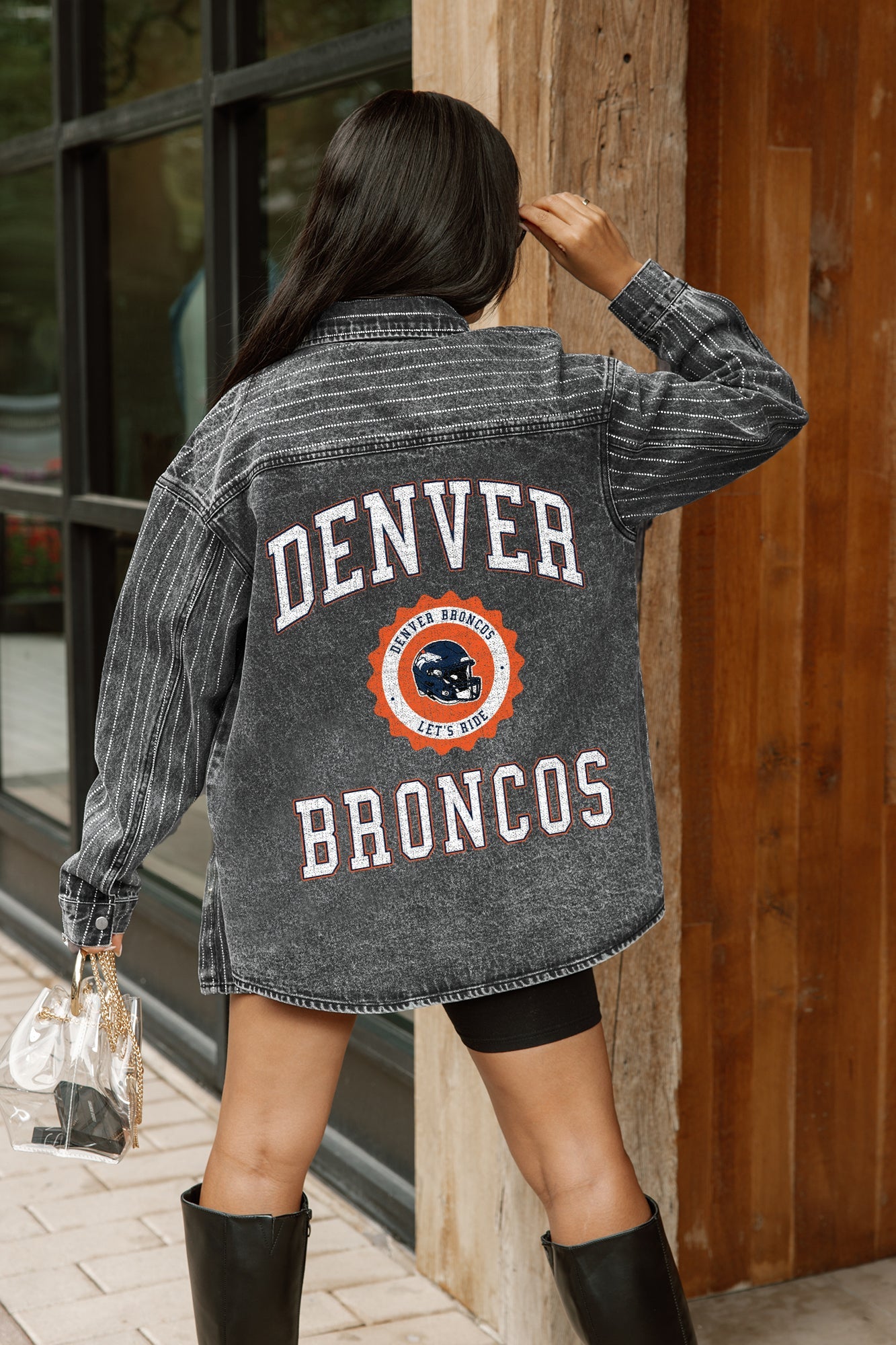 DENVER BRONCOS STYLES THE LIMIT MICRO-RHINESTONE DENIM OVERSHIRT IN BLACK