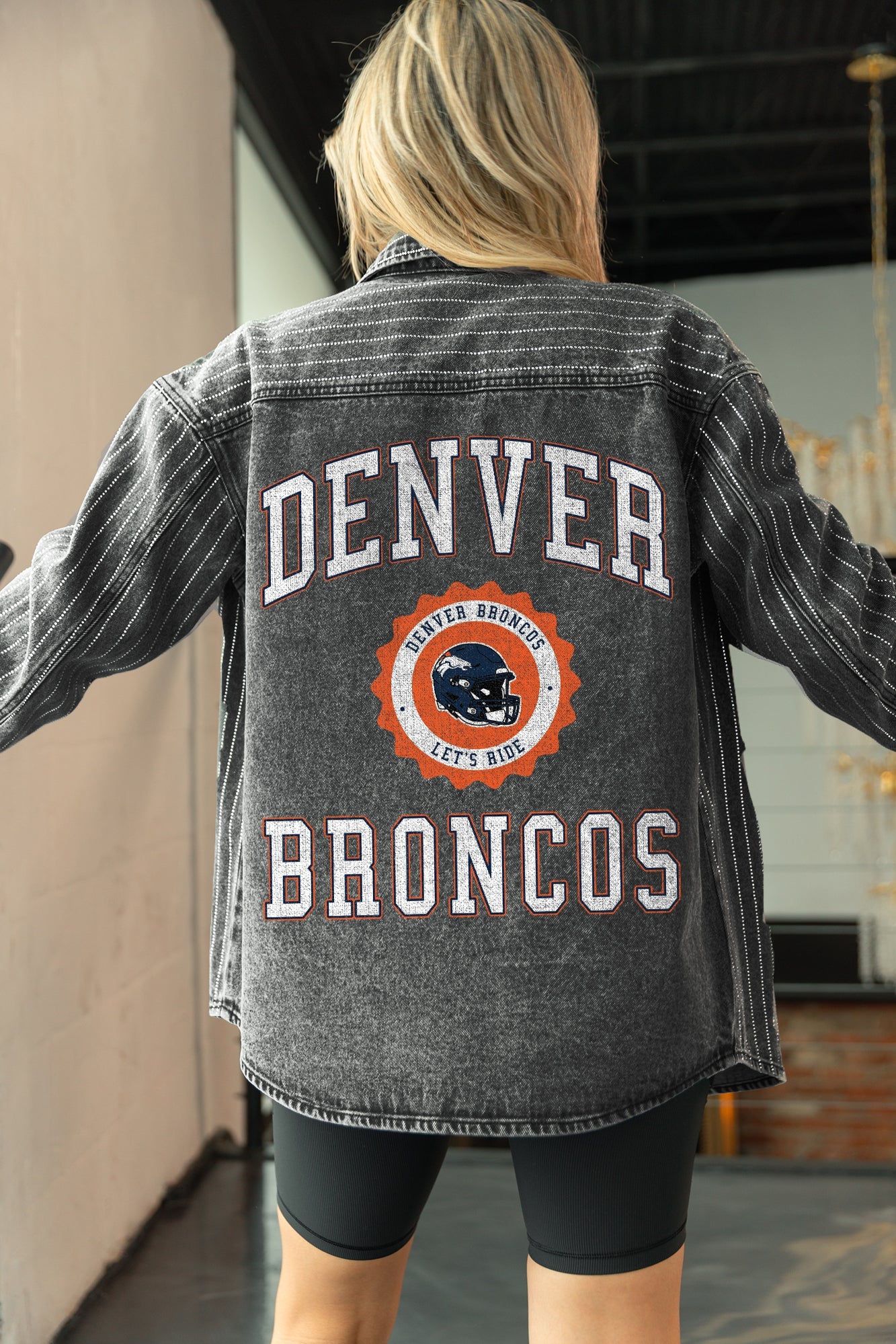 DENVER BRONCOS STYLES THE LIMIT MICRO-RHINESTONE DENIM OVERSHIRT IN BLACK