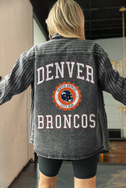 DENVER BRONCOS STYLES THE LIMIT MICRO-RHINESTONE DENIM OVERSHIRT IN BLACK
