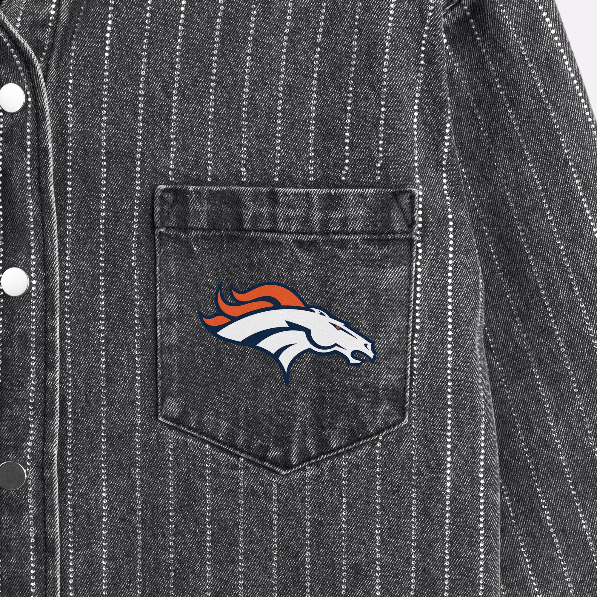 DENVER BRONCOS STYLES THE LIMIT MICRO-RHINESTONE DENIM OVERSHIRT IN BLACK