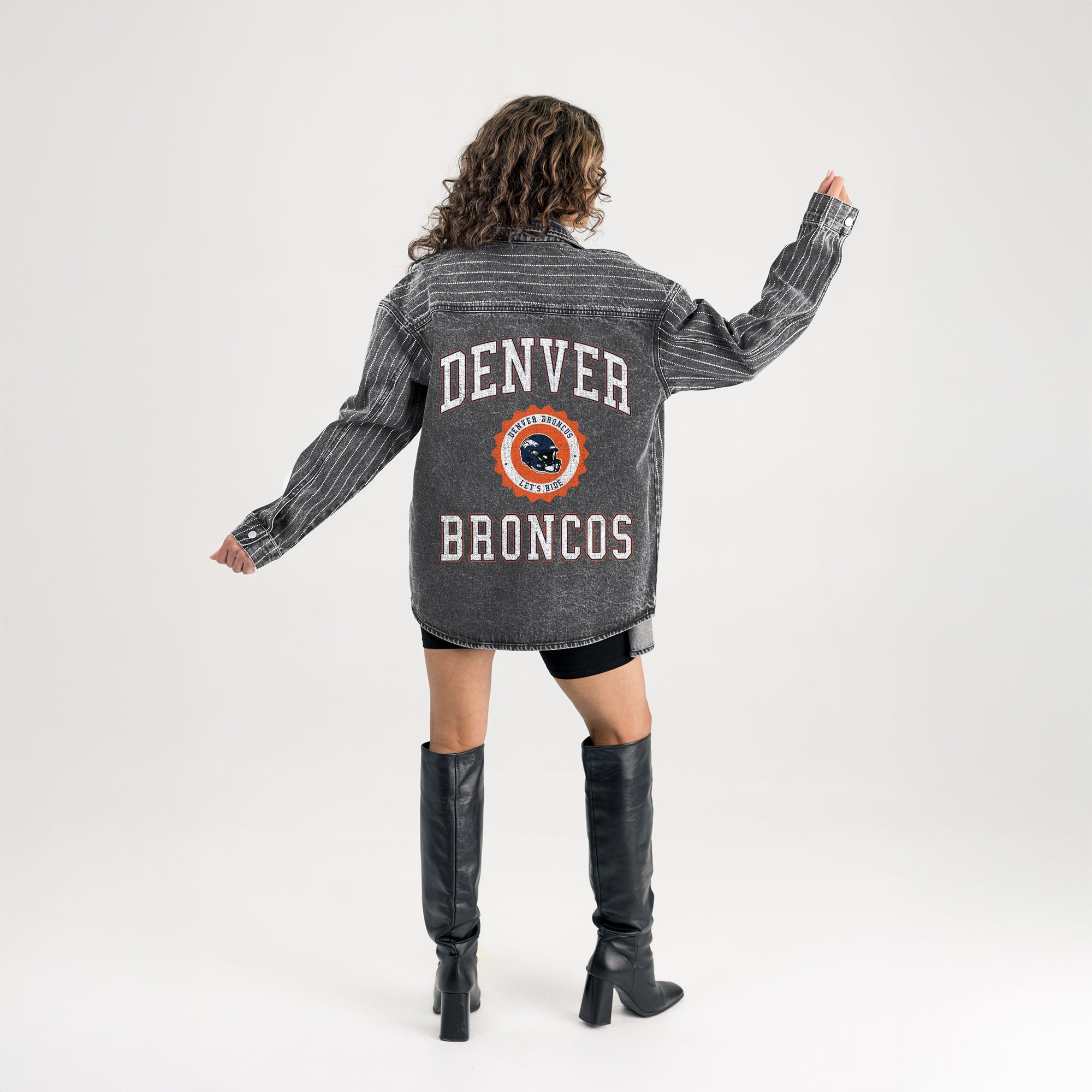 DENVER BRONCOS STYLES THE LIMIT MICRO-RHINESTONE DENIM OVERSHIRT IN BLACK