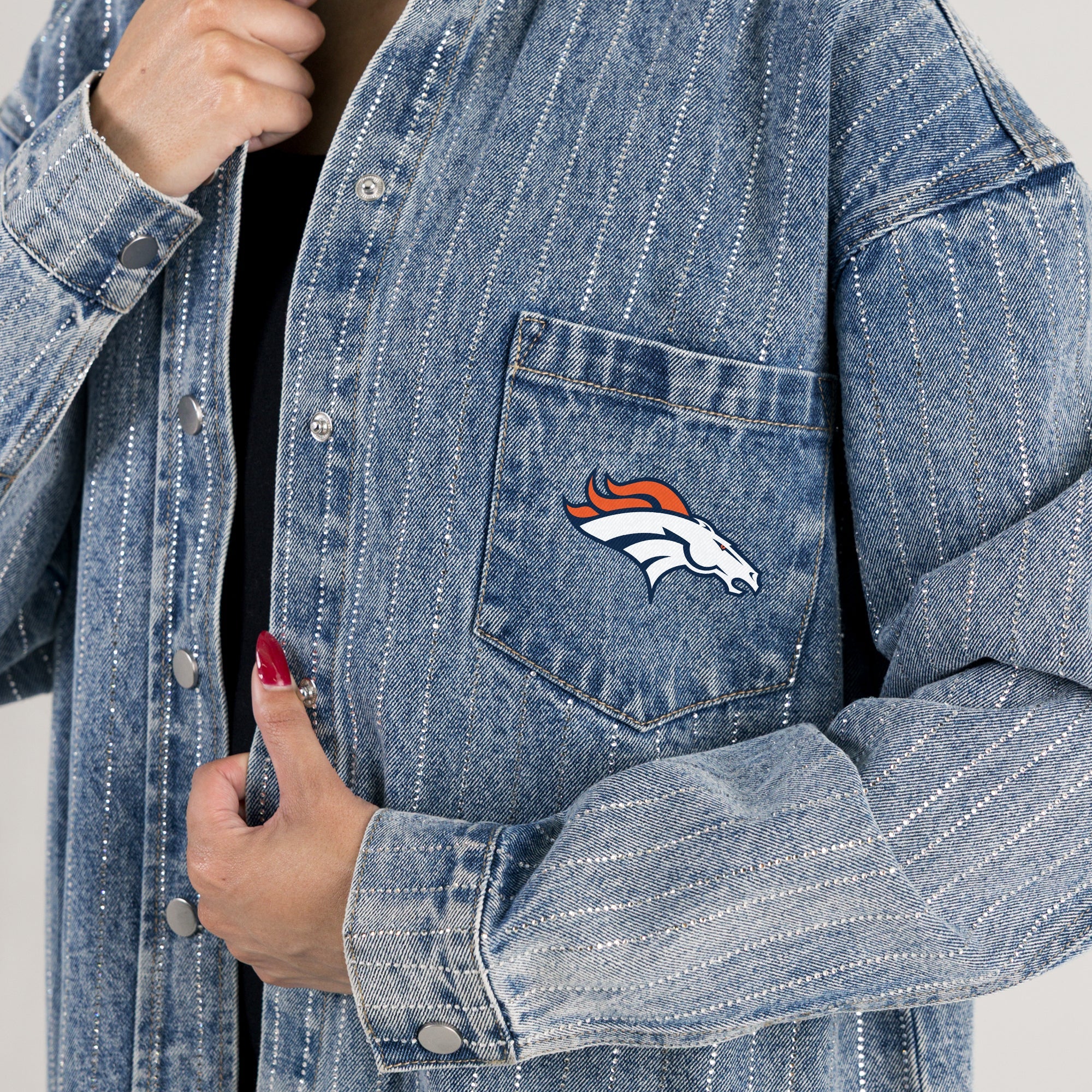 DENVER BRONCOS STYLES THE LIMIT MICRO-RHINESTONE DENIM OVERSHIRT